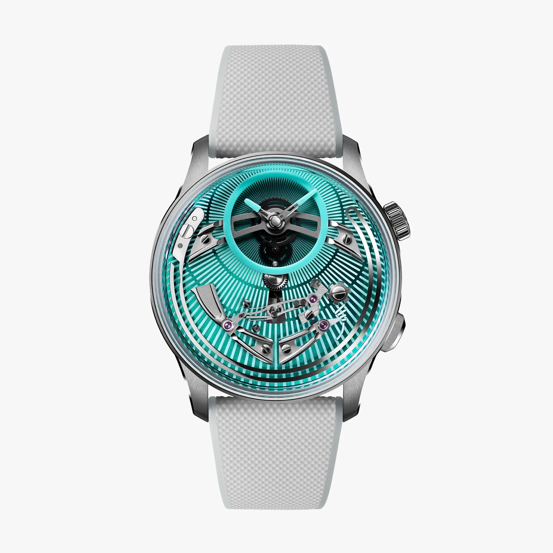 Silver mechanical wristwatch with turquoise dial and white textured rubber strap.