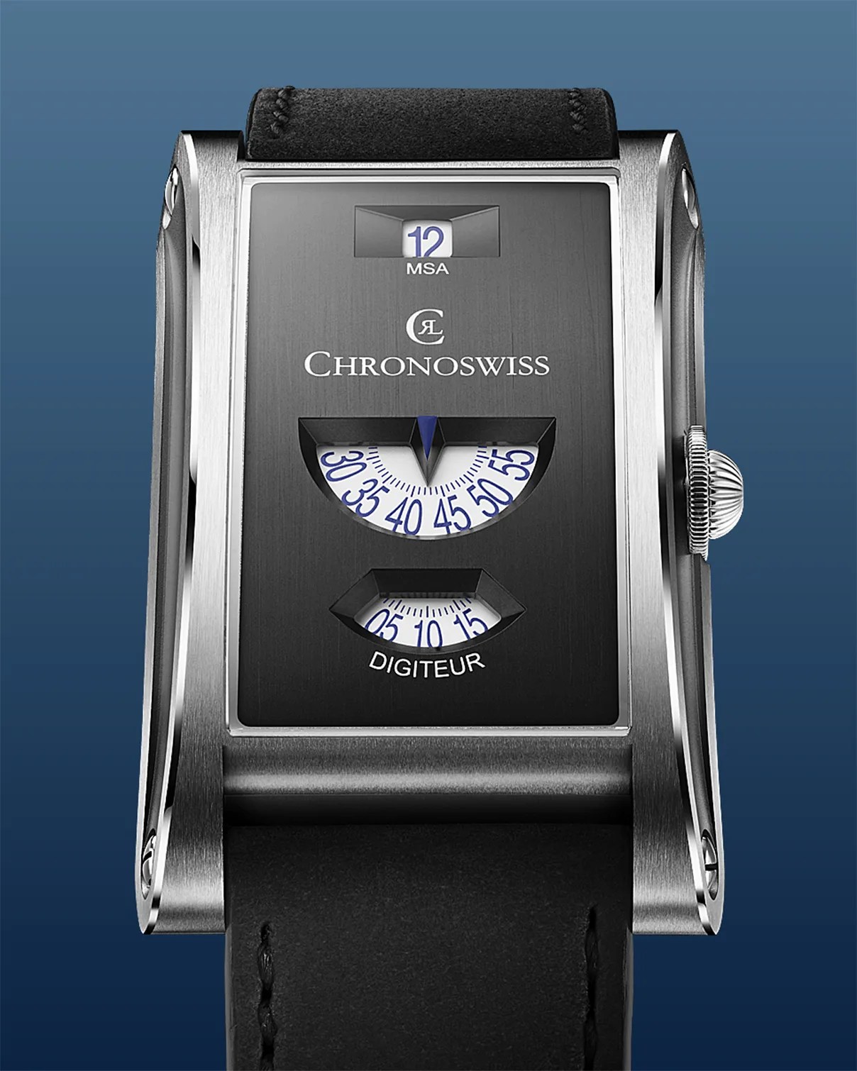Rectangular Chronoswiss wristwatch with black dial, digital hour and minute windows, and black leather strap.