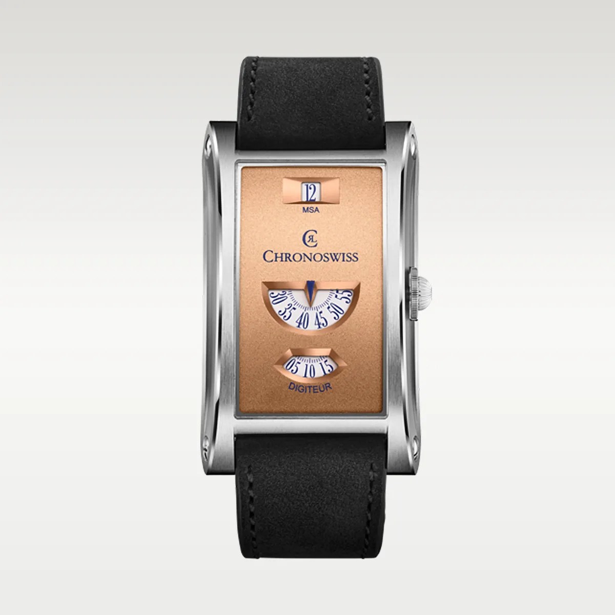 Rectangular silver Chronoswiss watch with a copper-toned dial, digital hour and minute windows, and a black leather strap.