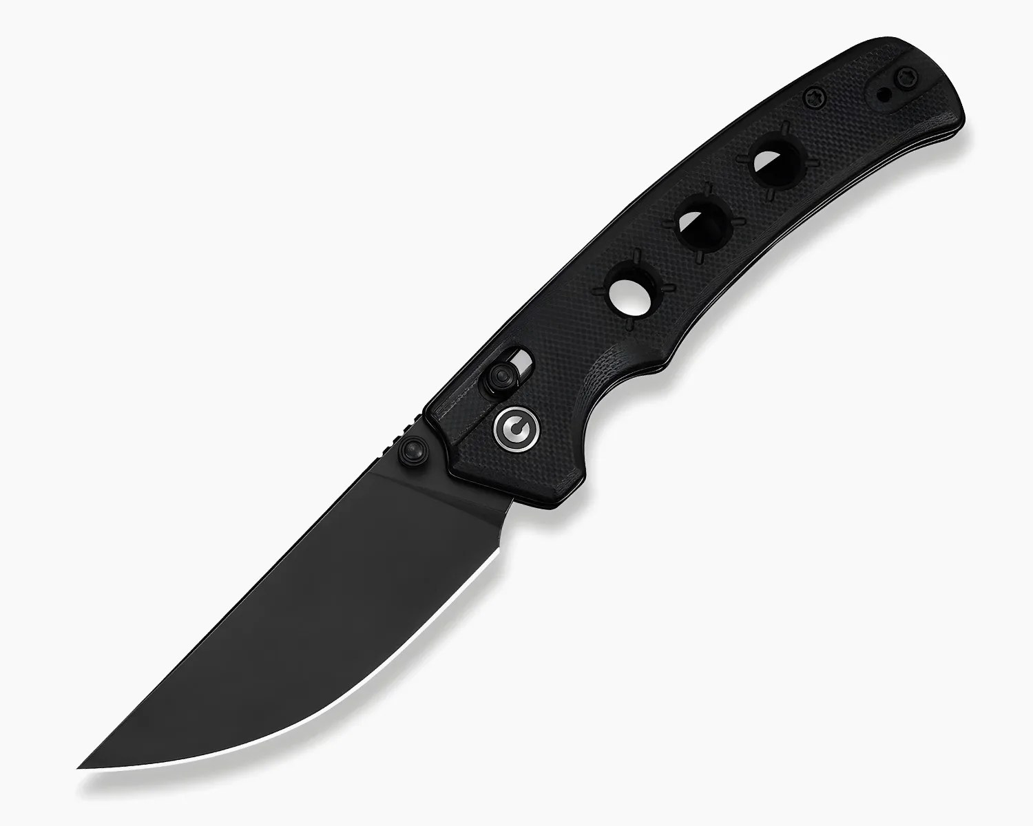 Black folding knife with a matte blade and a textured handle featuring three circular cutouts.