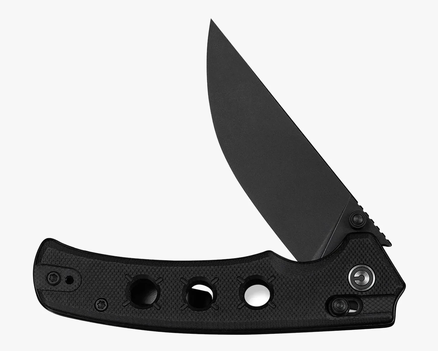 Black folding knife with partially serrated blade and textured handle featuring three circular cutouts.