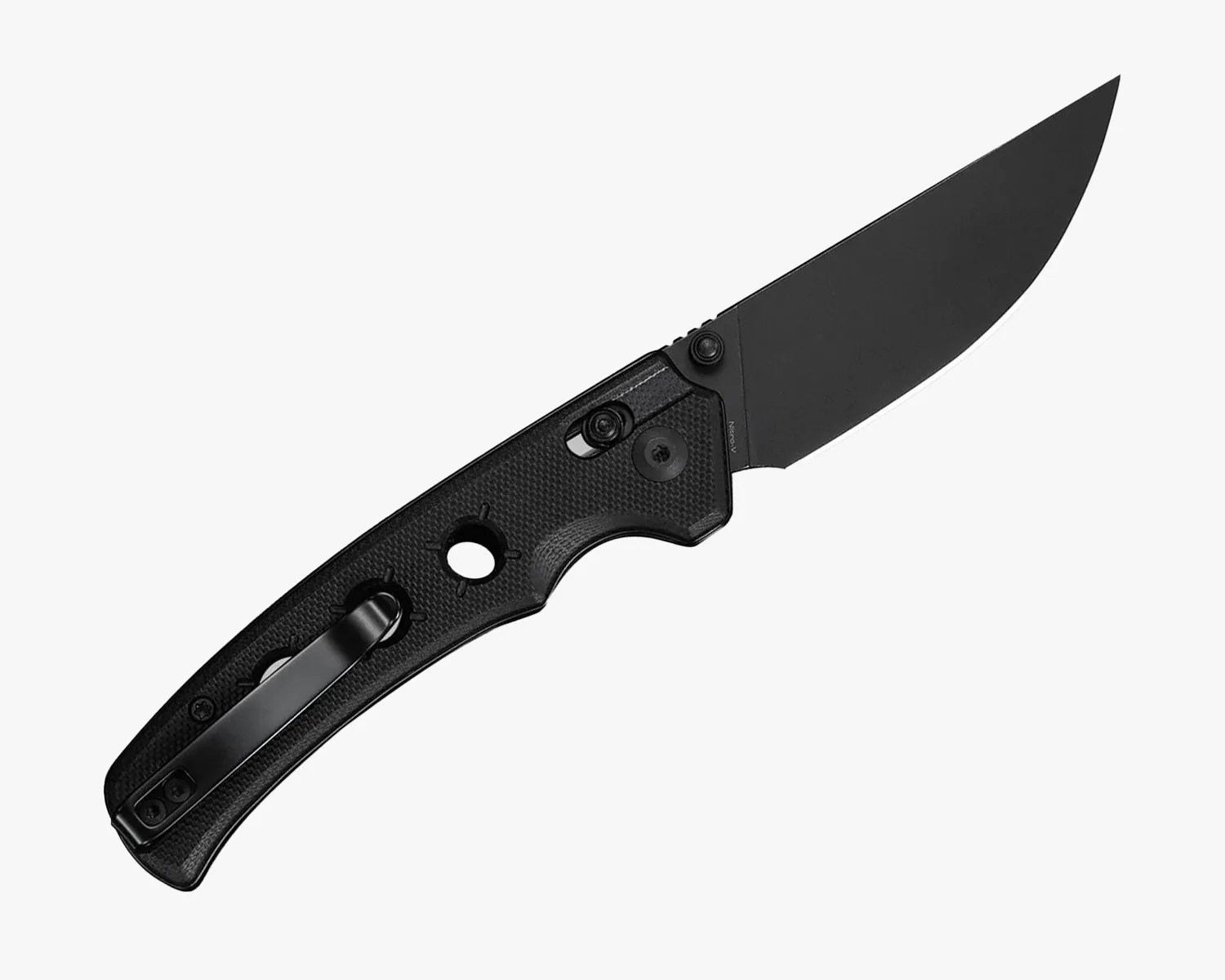 Black folding knife with textured handle and clip on a white background.
