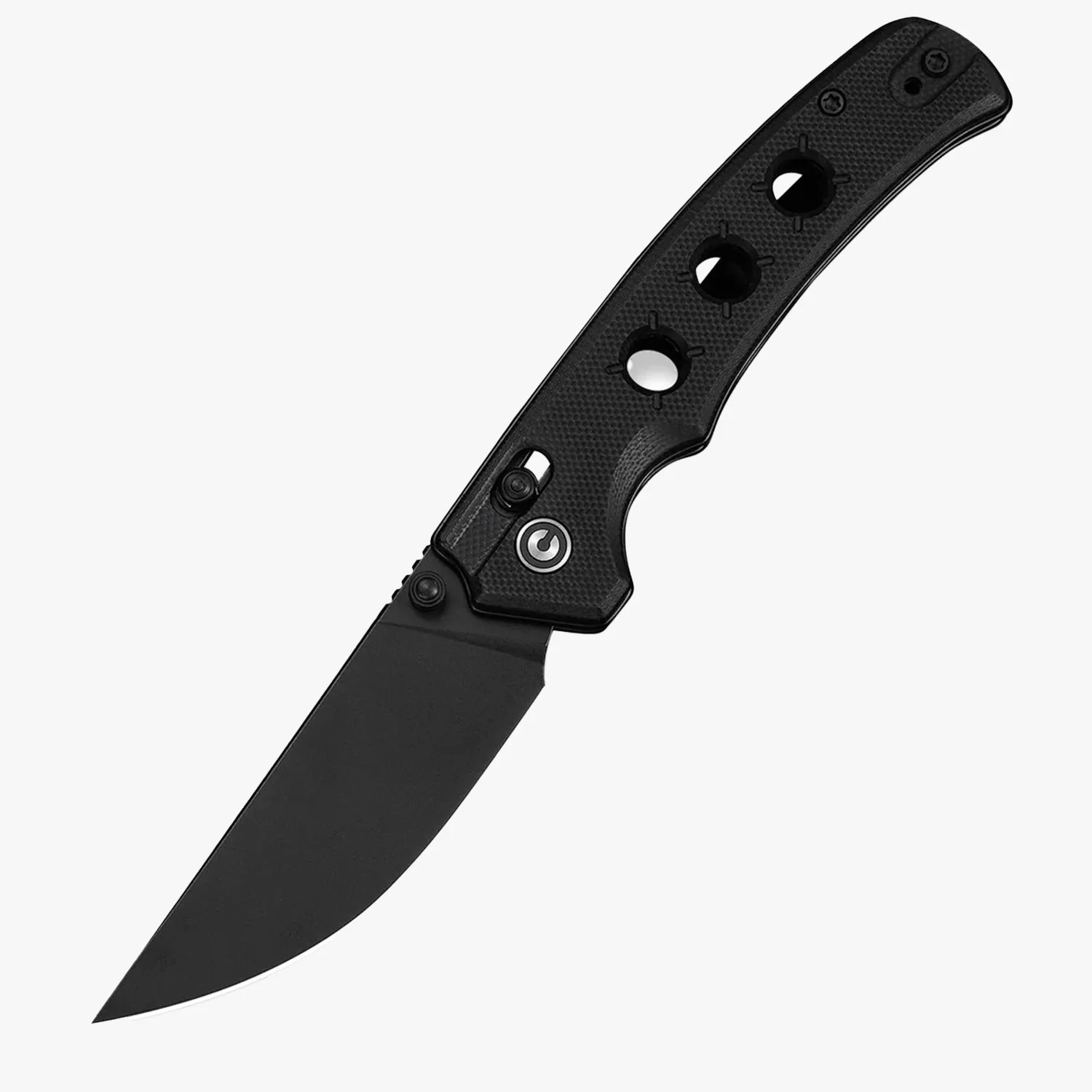 Black folding knife with a textured handle featuring three circular cutouts and a locking mechanism.