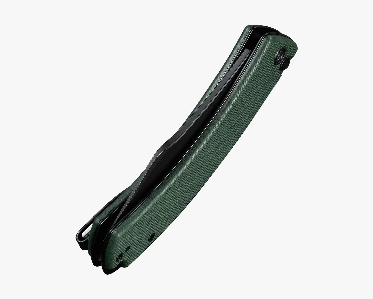 Closed folding knife with textured dark green handle and black blade visible inside.