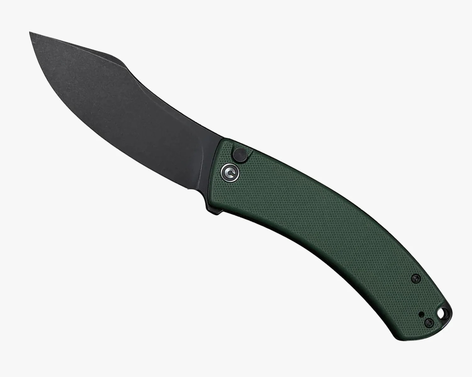 Folding knife with a black blade and textured dark green handle.