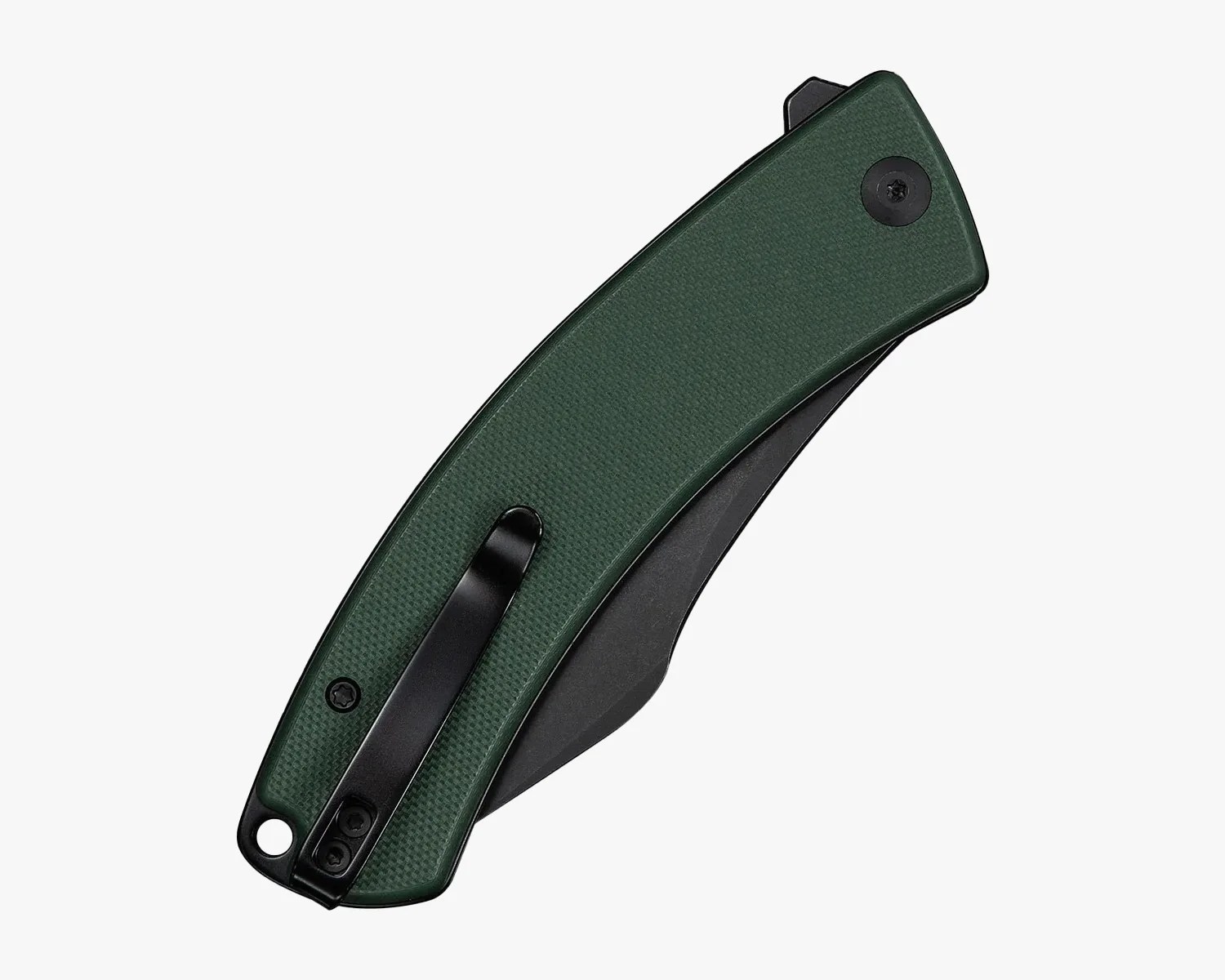 Folded dark green and black pocket knife with textured handle and black clip.