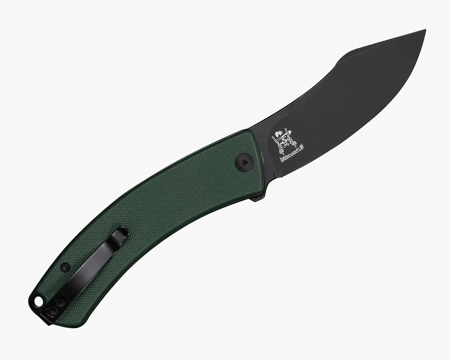 Folding knife with black blade and dark green textured handle featuring a black pocket clip.