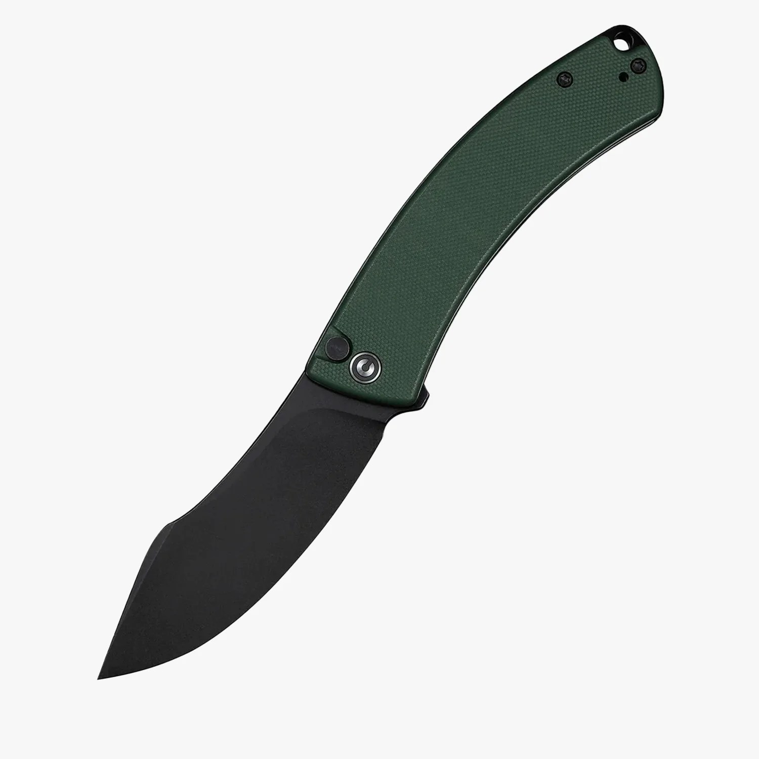 Folding knife with a black blade and textured dark green handle.