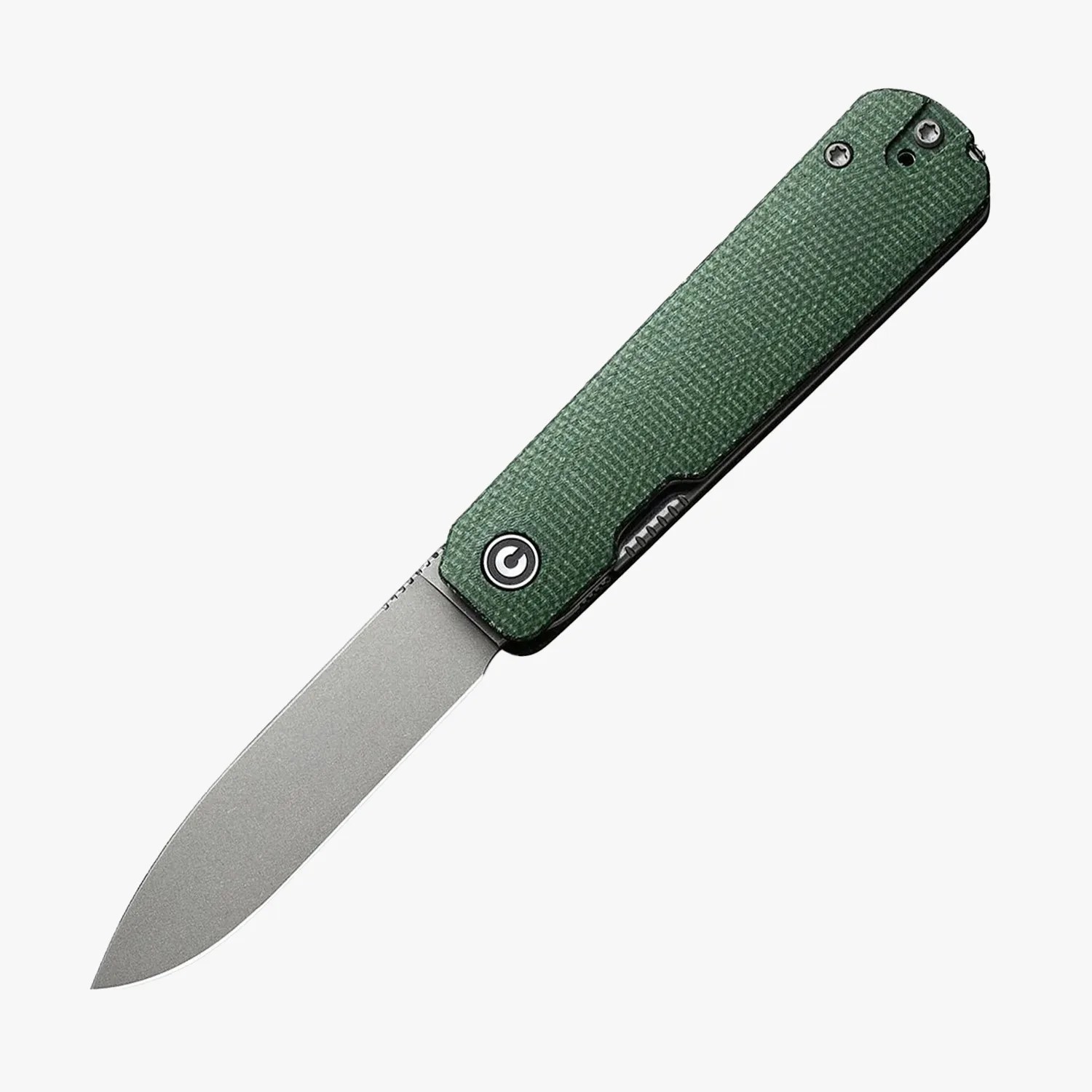 Folding knife with a stonewashed blade and textured green handle.