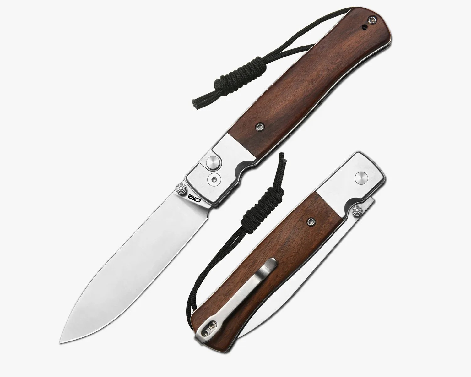 Folding knife with polished steel blade and dark wood handle, shown open and closed with black lanyard.