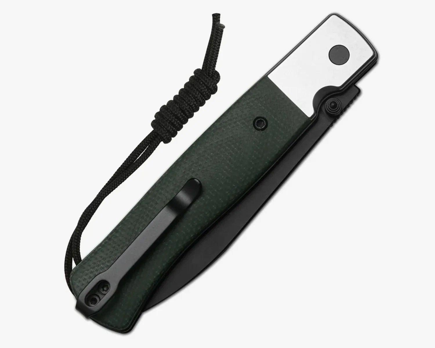 Folded black and silver pocket knife with dark green textured handle and black lanyard loop.