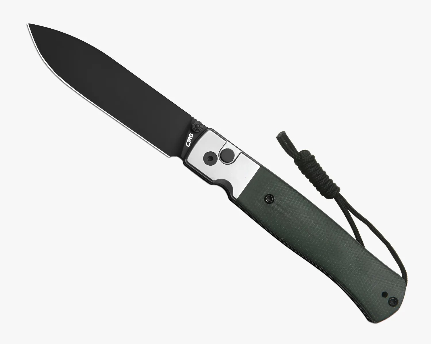 Folding knife with black blade, silver and dark green textured handle, and black lanyard loop.