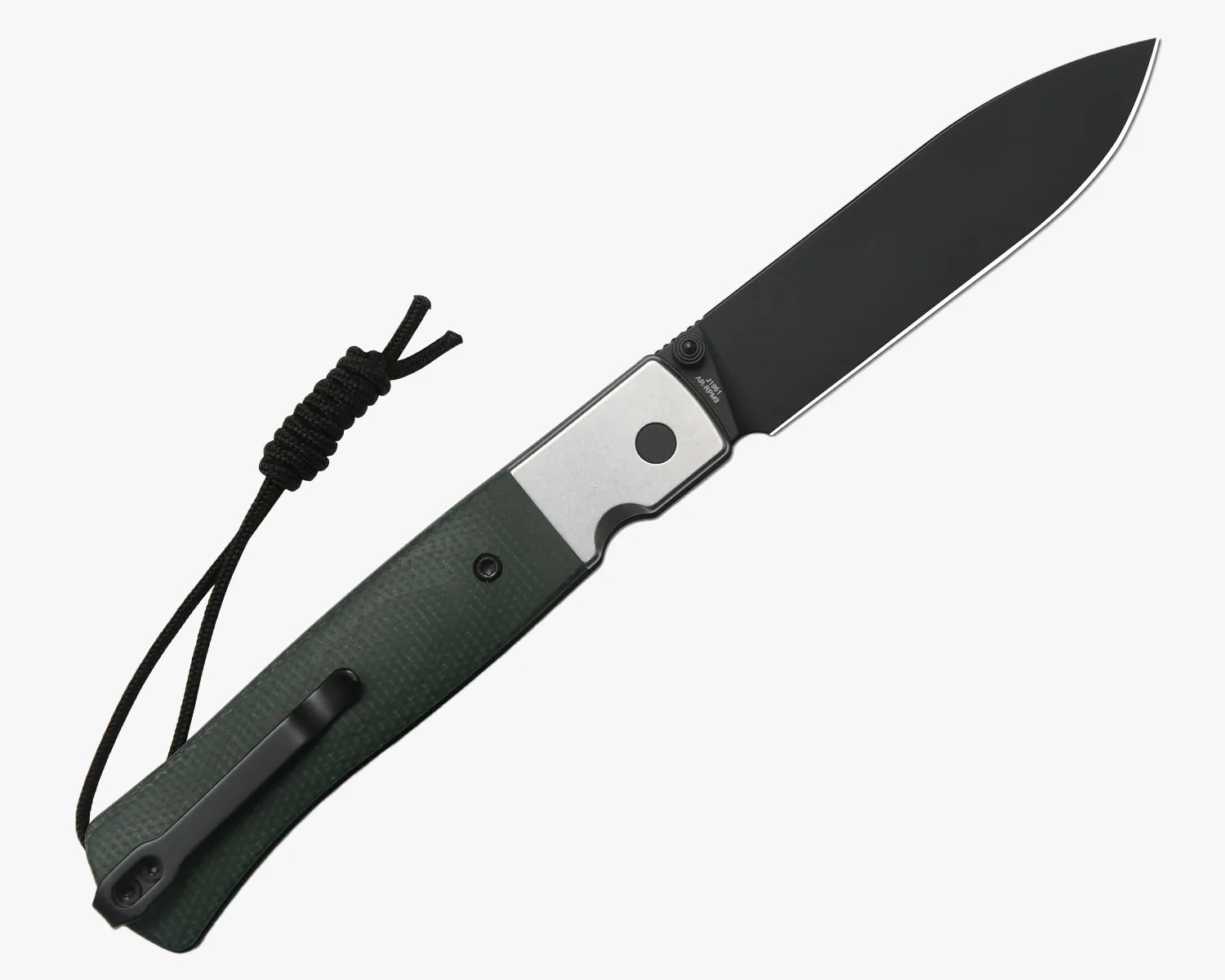 Folding knife with black blade, green textured handle, metal bolster, black pocket clip, and black lanyard.
