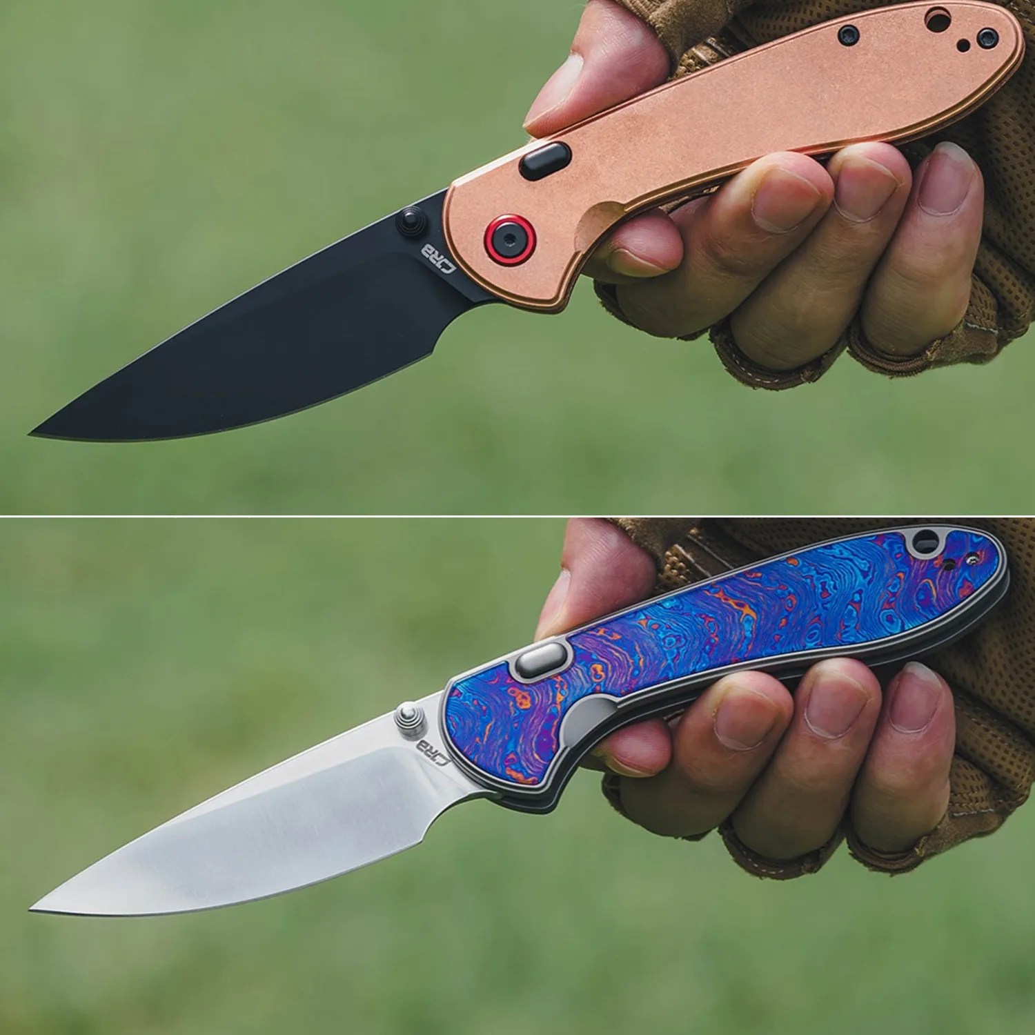 Two folding knives held in a hand wearing a brown glove, one with a black blade and copper handle, the other with a silver blade and blue patterned handle.