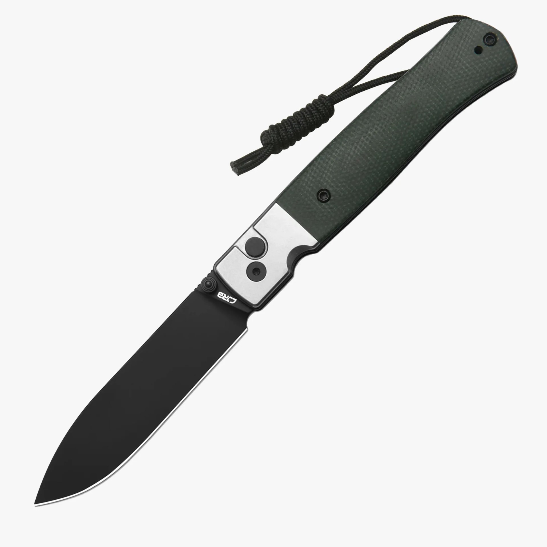 Folding knife with black blade, green textured handle, silver locking mechanism, and black lanyard loop.
