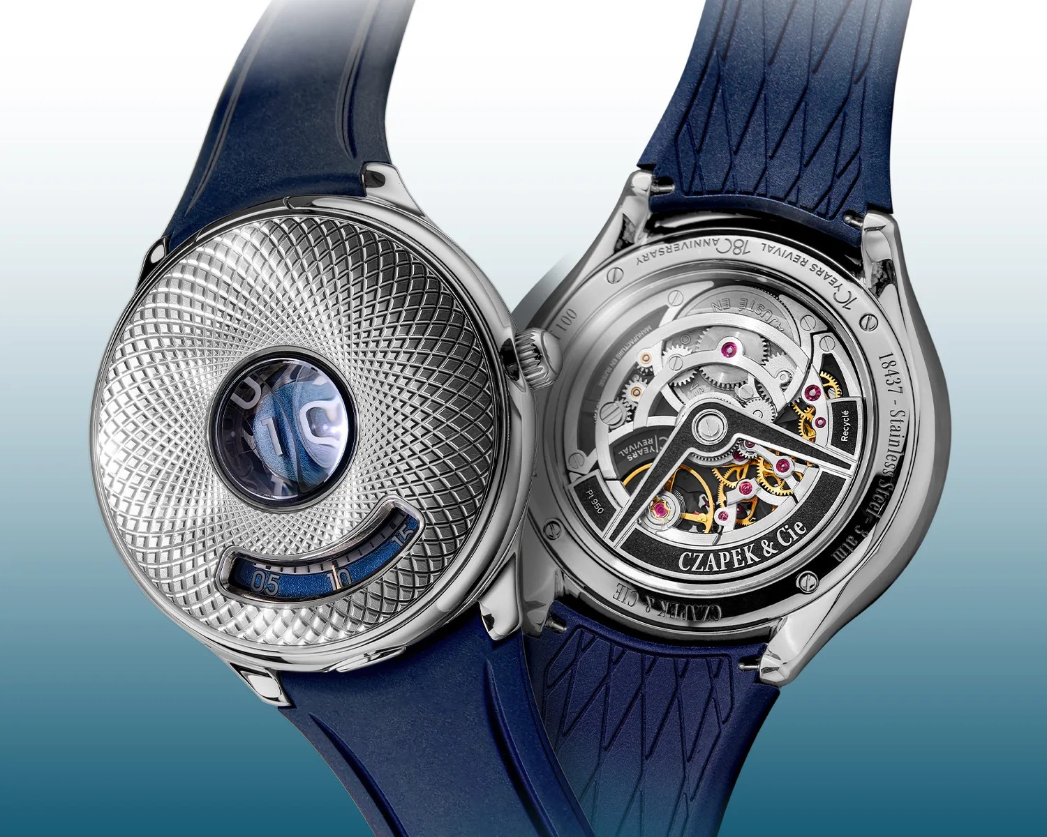 Pair of stainless steel Czapek & Cie wristwatches with blue rubber straps, one showing textured dial and the other showing mechanical movement.