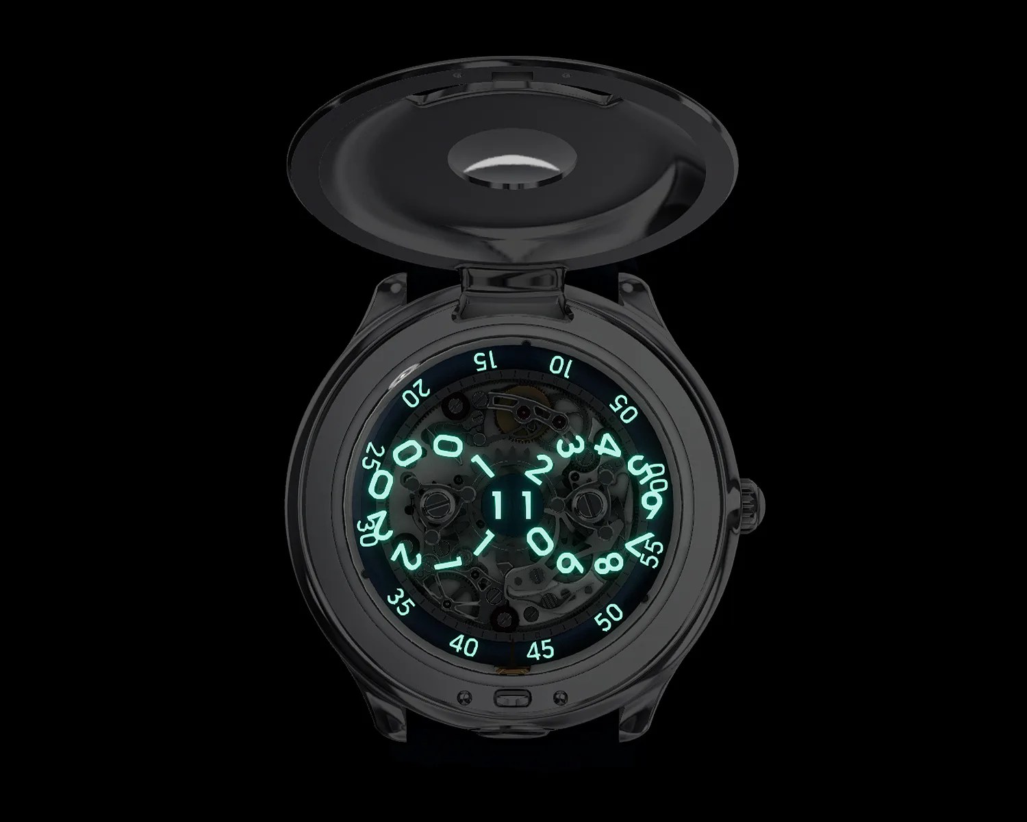 opened czapek watch showing lumed hour and minute wheels