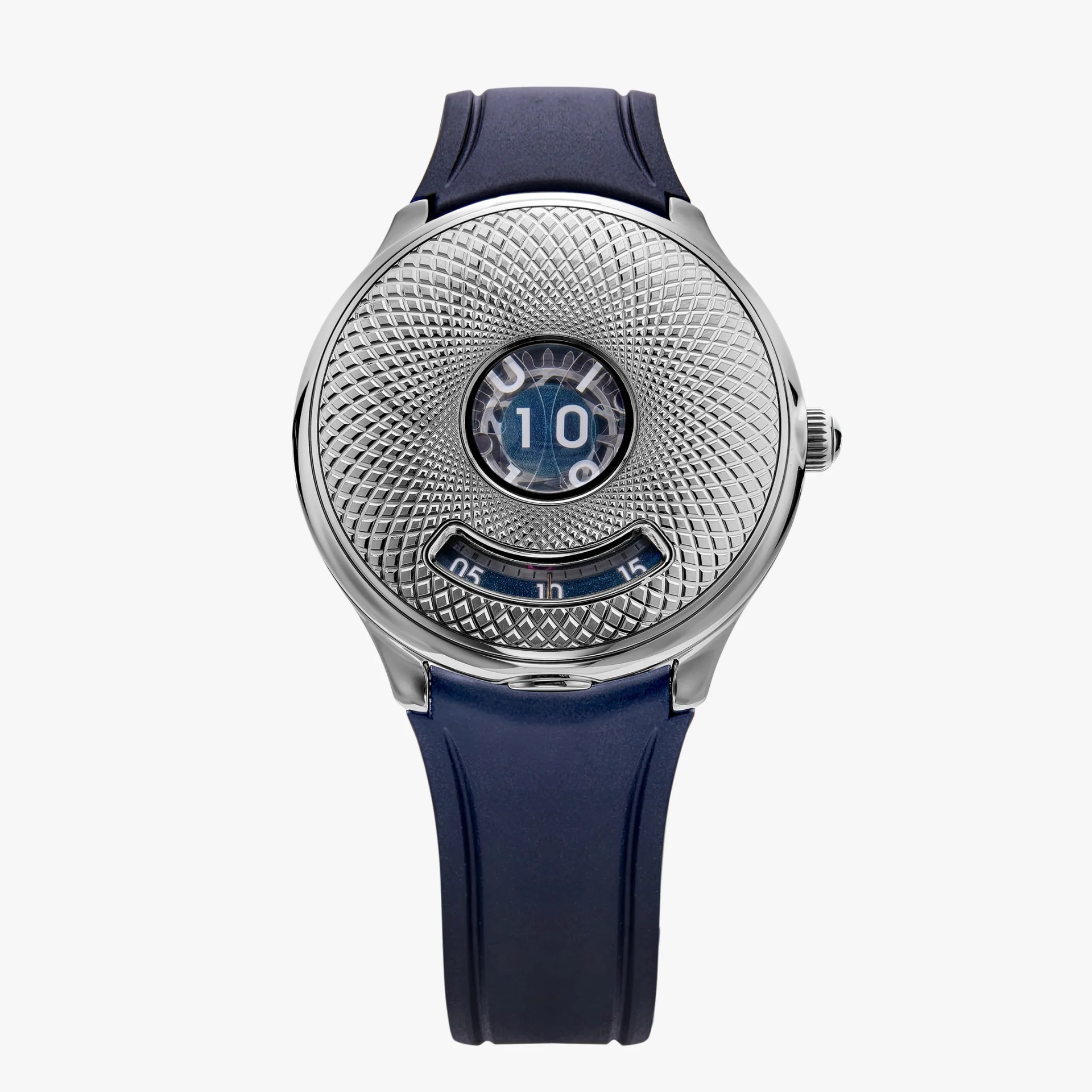 Silver watch with intricate textured dial, digital hour display, curved minute window, and navy blue strap.