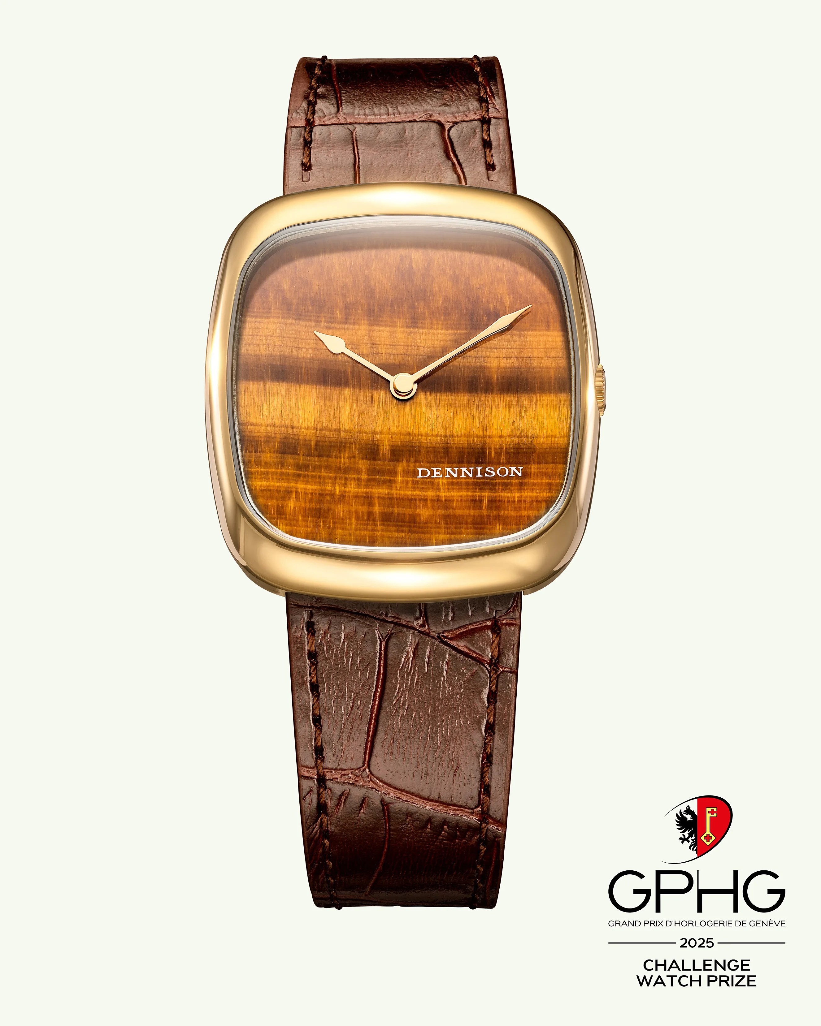 Gold-toned square watch with a tiger's eye dial and brown leather strap, labeled "DENNISON.