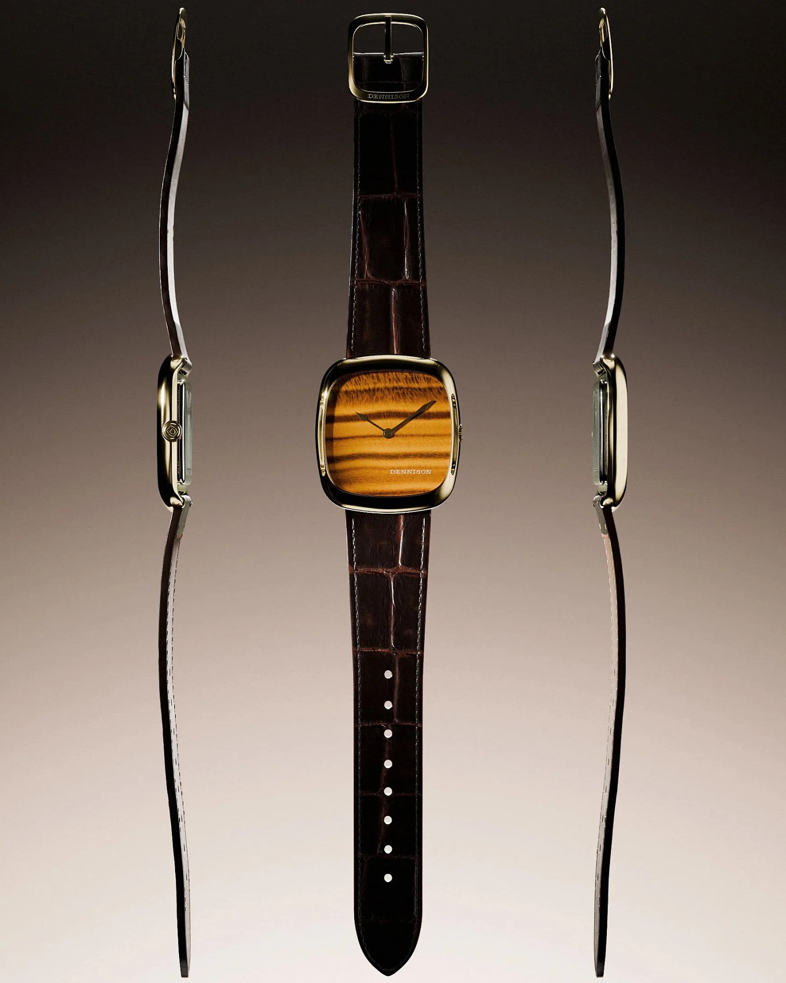Square gold watch with a tiger-striped wooden dial and dark brown crocodile leather strap shown from front and sides.