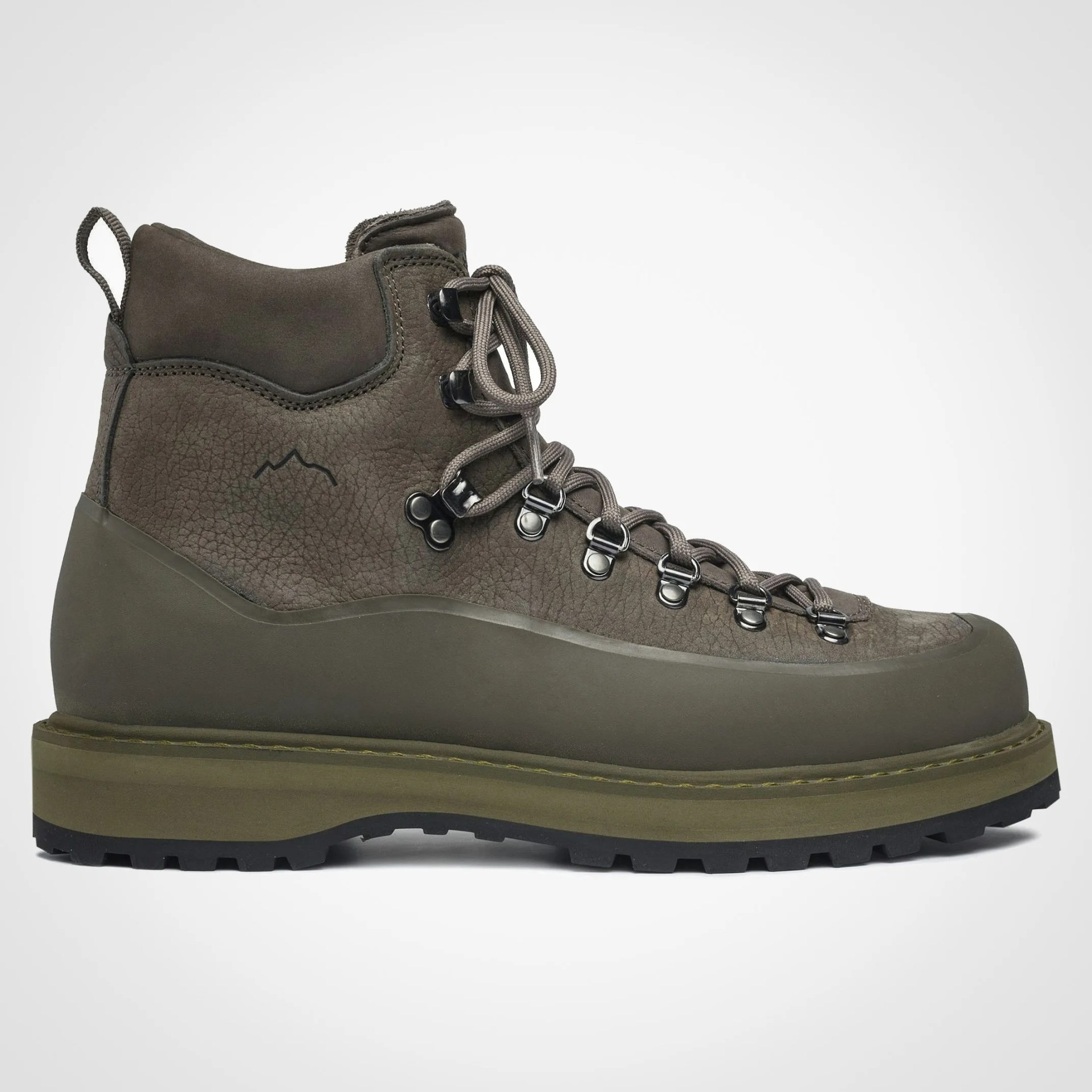 Olive green leather hiking boot with metal eyelets and thick rubber sole.