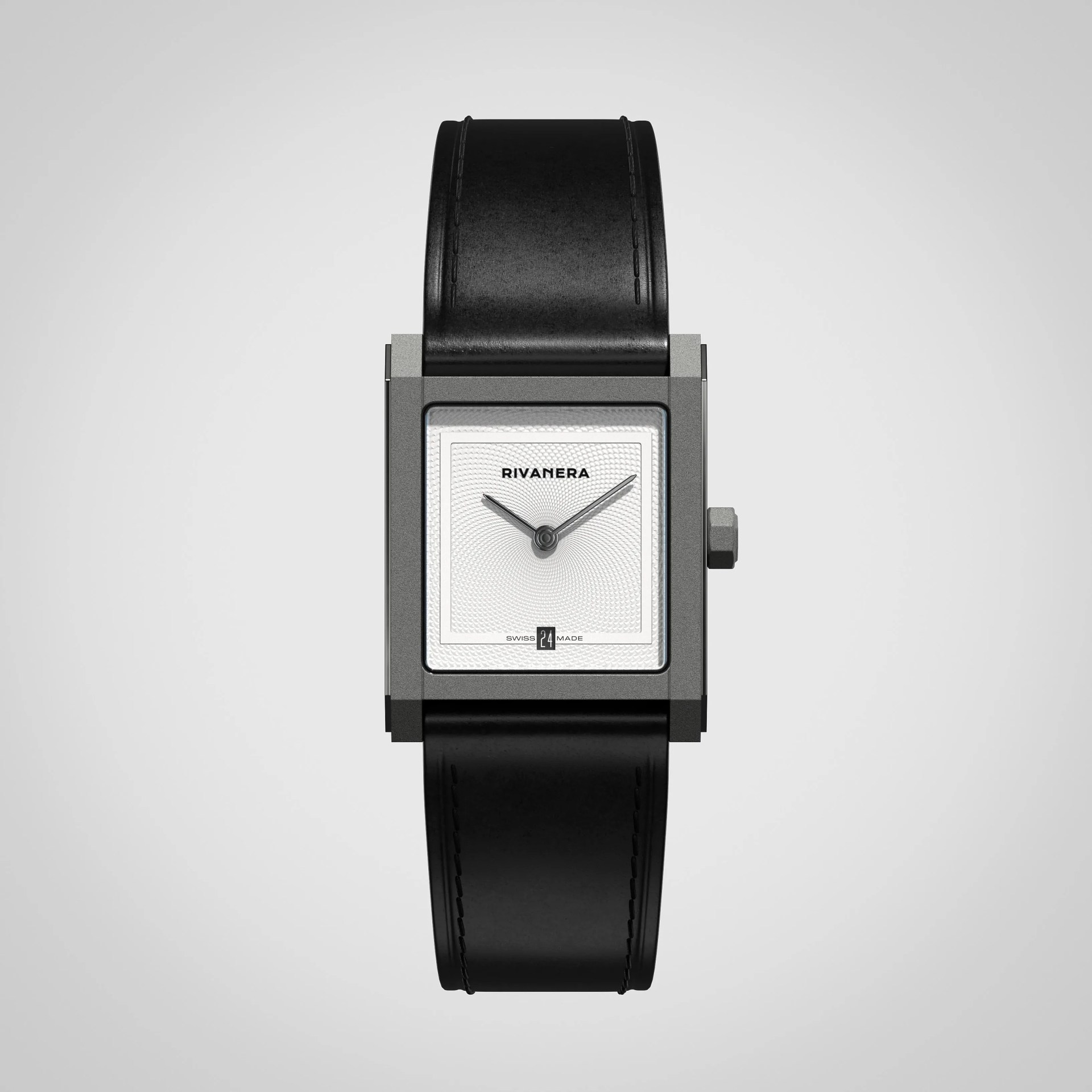 Square silver watch with white textured dial, black hour and minute hands, and black leather strap.