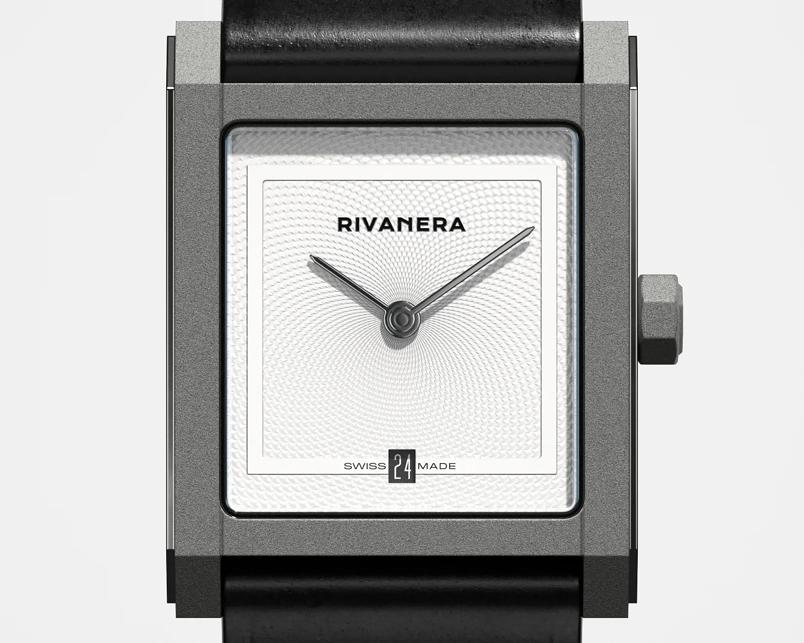 Square silver watch face with textured dial, black hour and minute hands, and black leather strap.