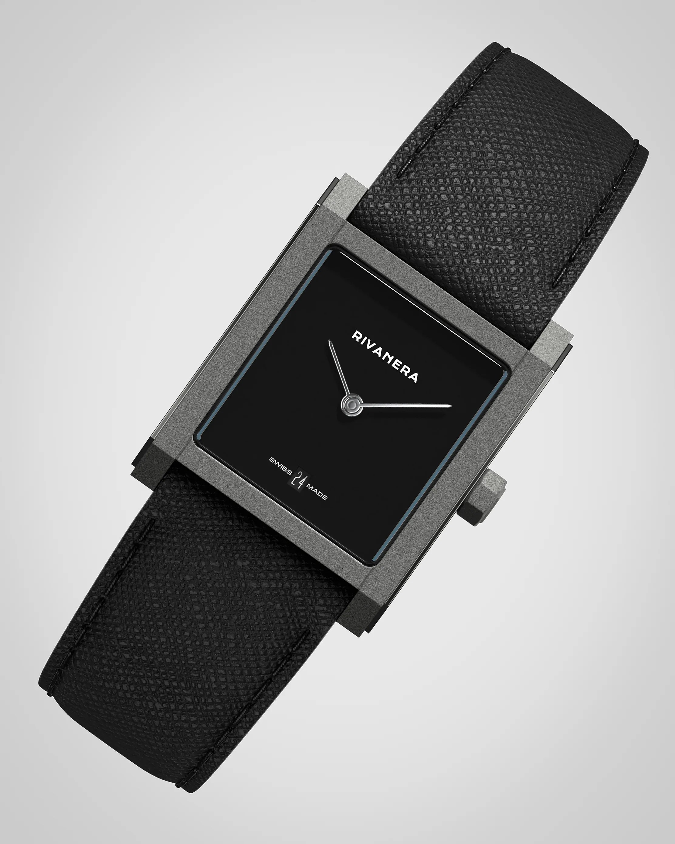 Square black watch face with silver hands and "RIVANERA" logo, attached to a textured black leather strap.