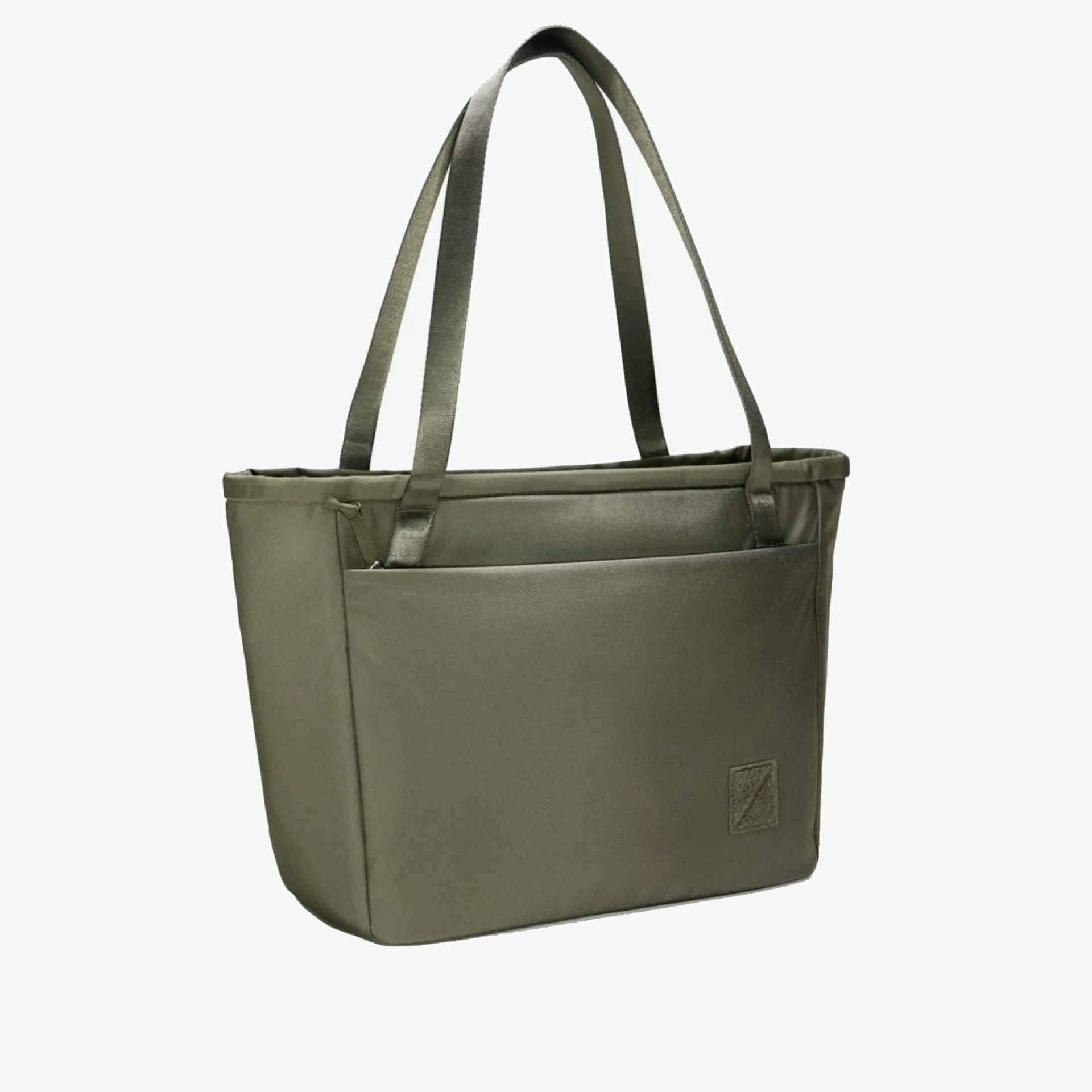 Olive green rectangular tote bag with dual shoulder straps and front pocket.