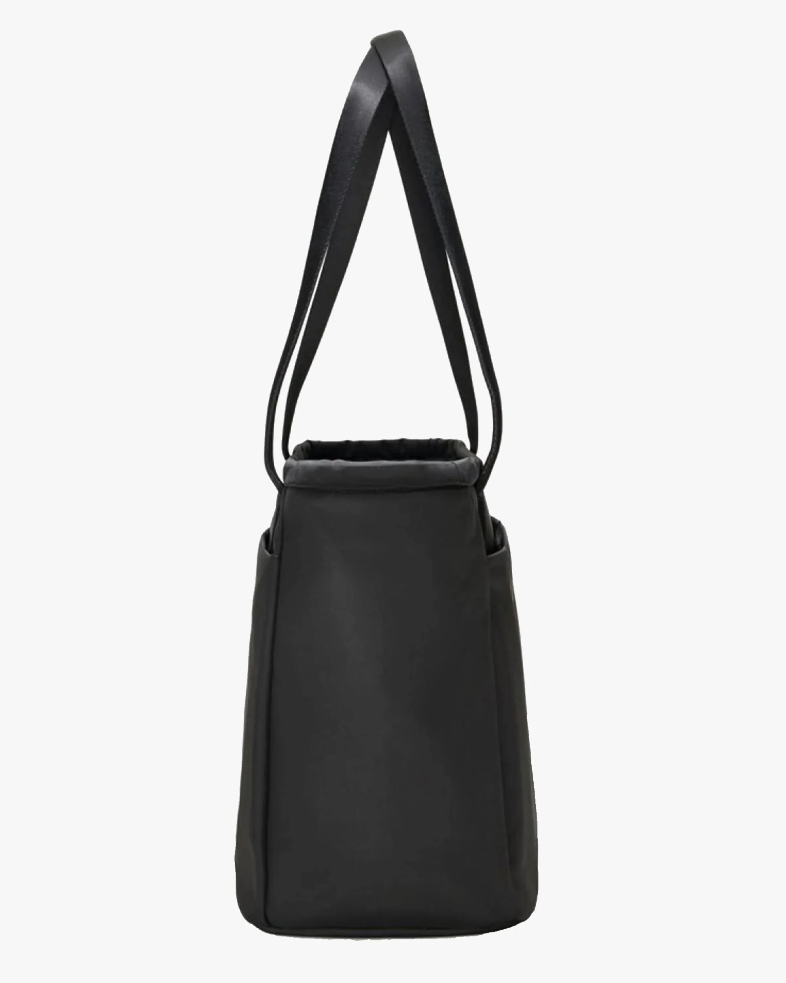 Black rectangular tote bag with two long shoulder straps, shown from the side.