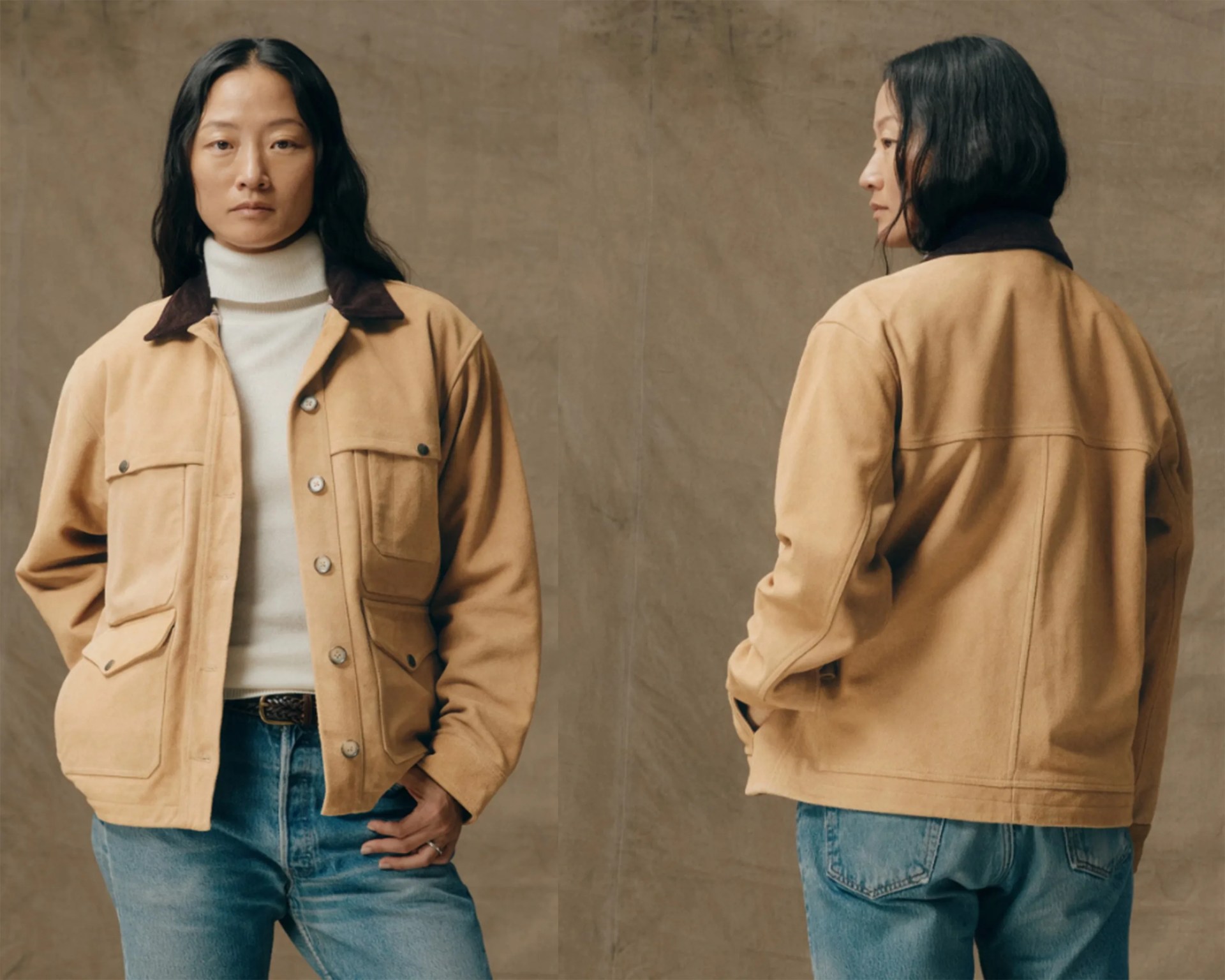 Beige button-up jacket with dark brown collar and four front pockets worn over a white turtleneck and blue jeans.