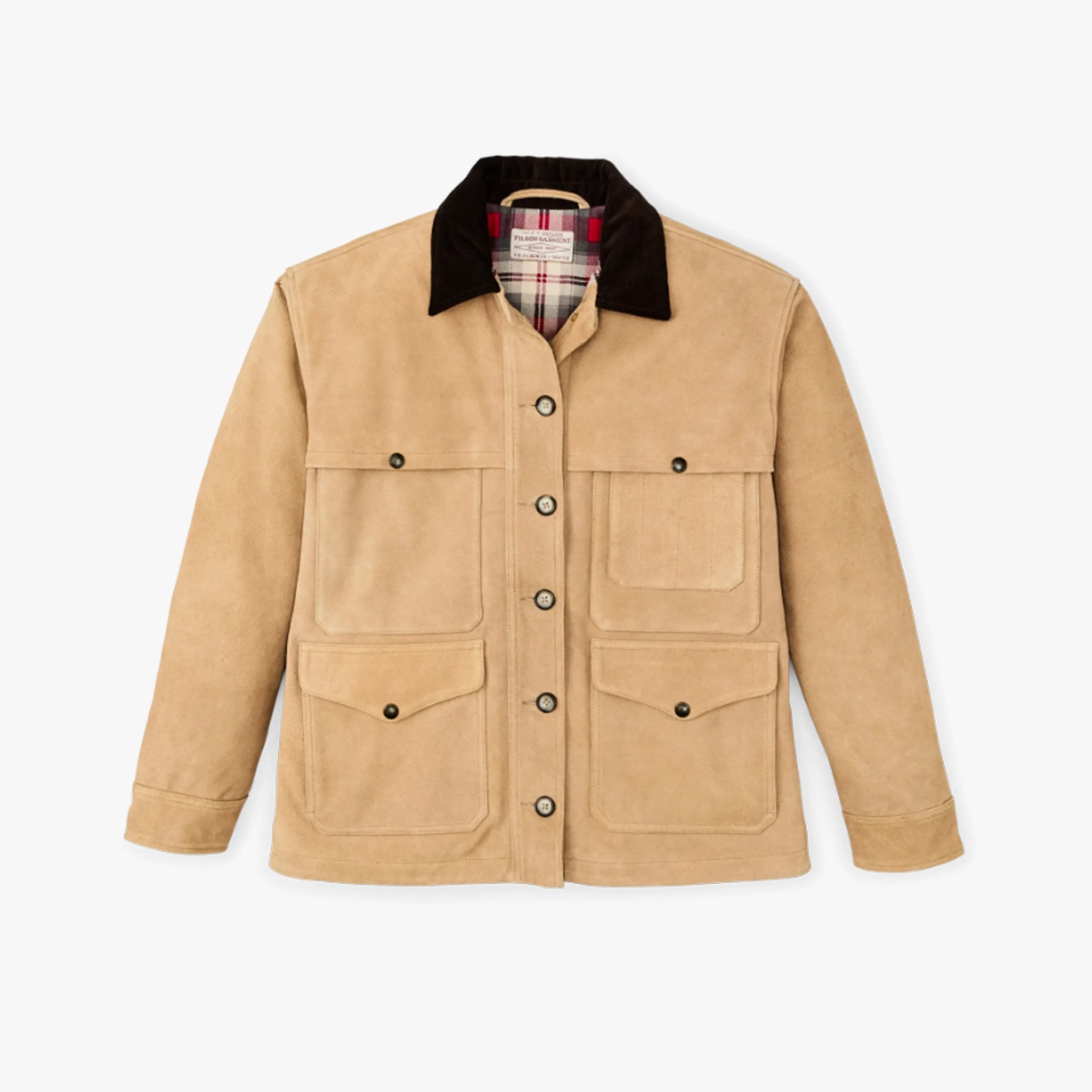 Tan suede jacket with black corduroy collar and four front pockets, laid flat.