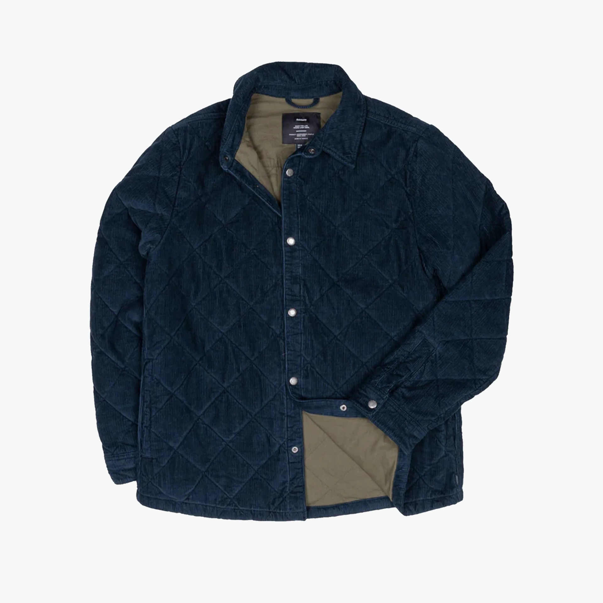 Navy blue quilted corduroy jacket with snap buttons and olive green lining.