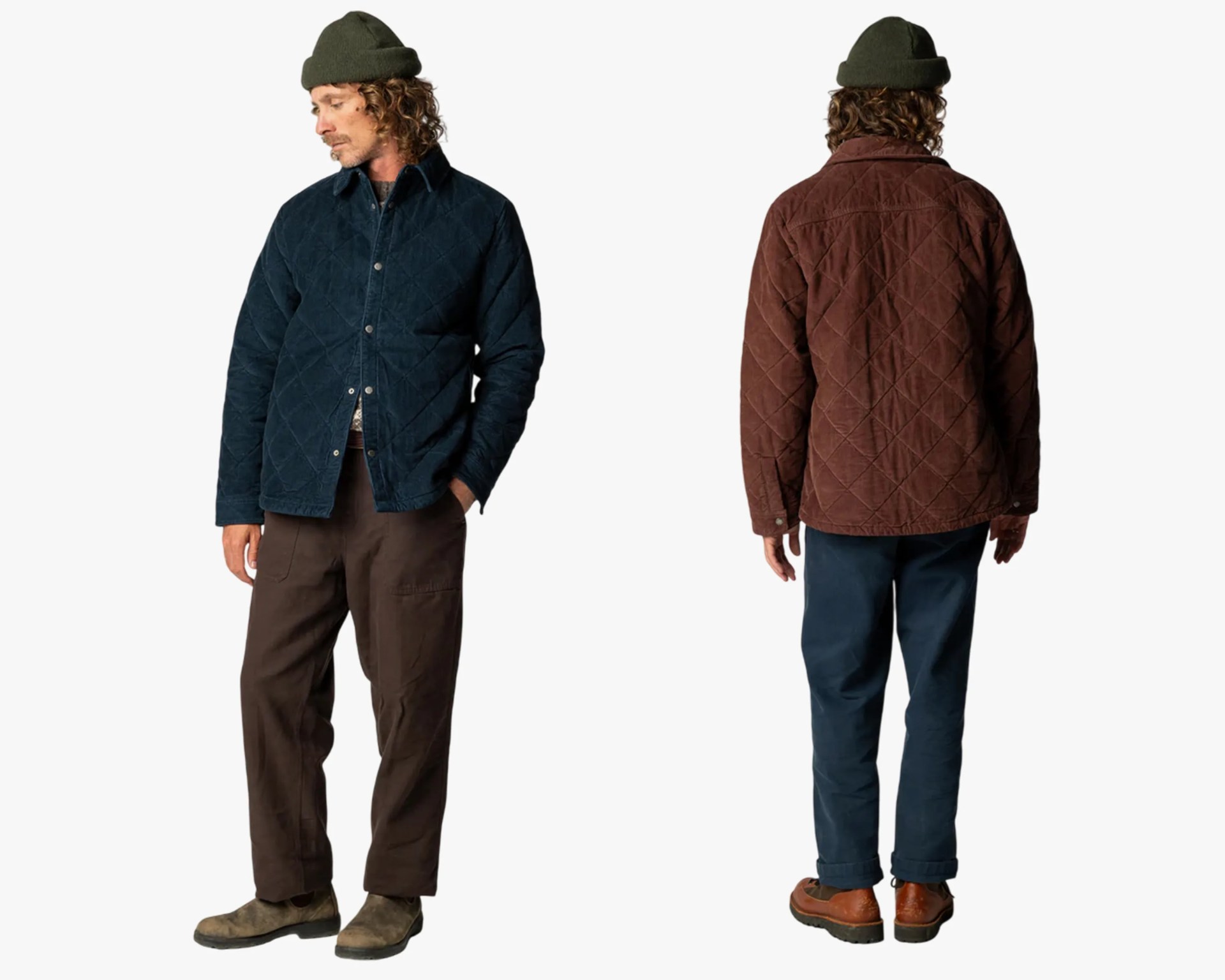 Two views of a man wearing quilted corduroy jackets, one navy blue front view and one brown back view, paired with casual pants and boots.
