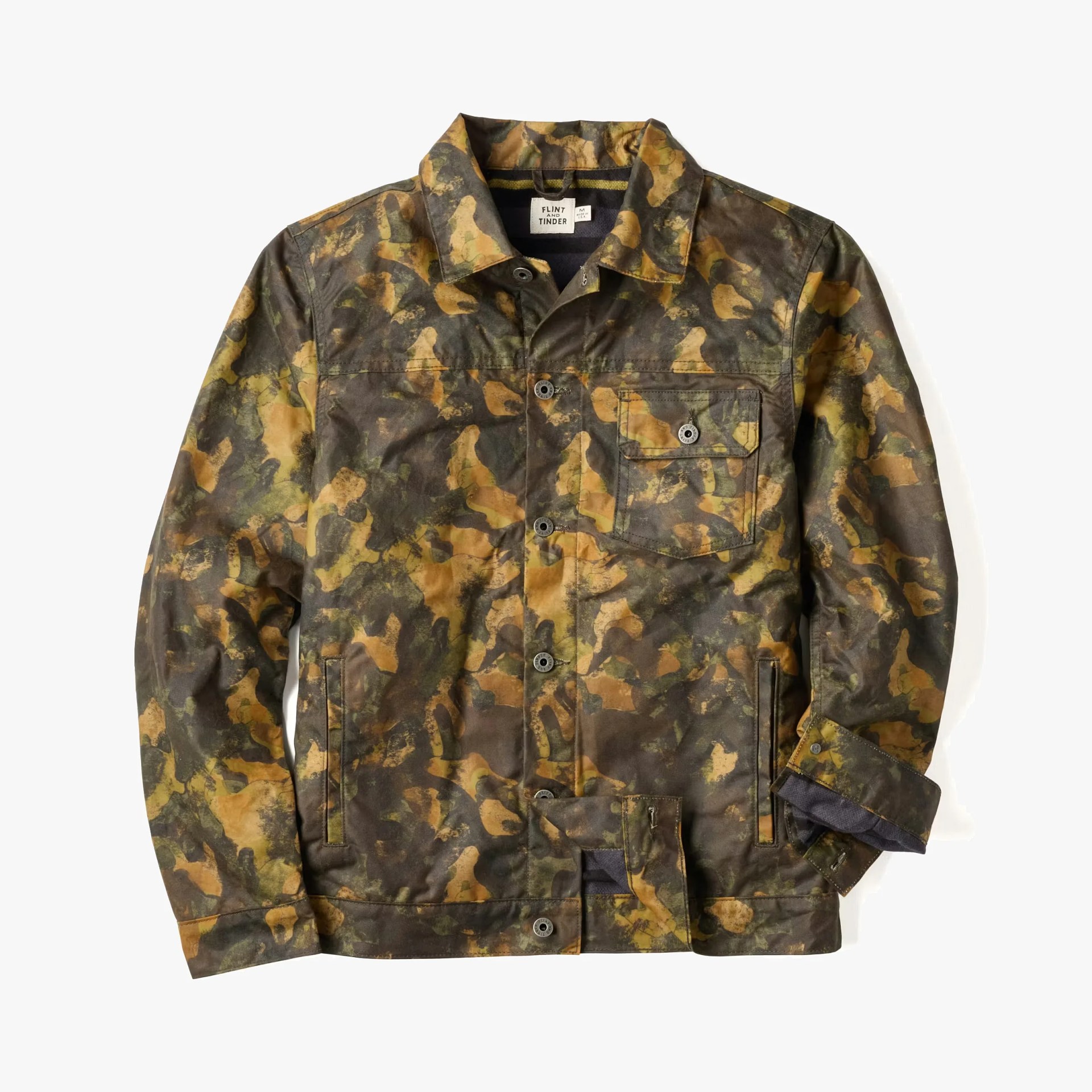 Camouflage-patterned button-up jacket with chest pocket and side pockets, laid flat.