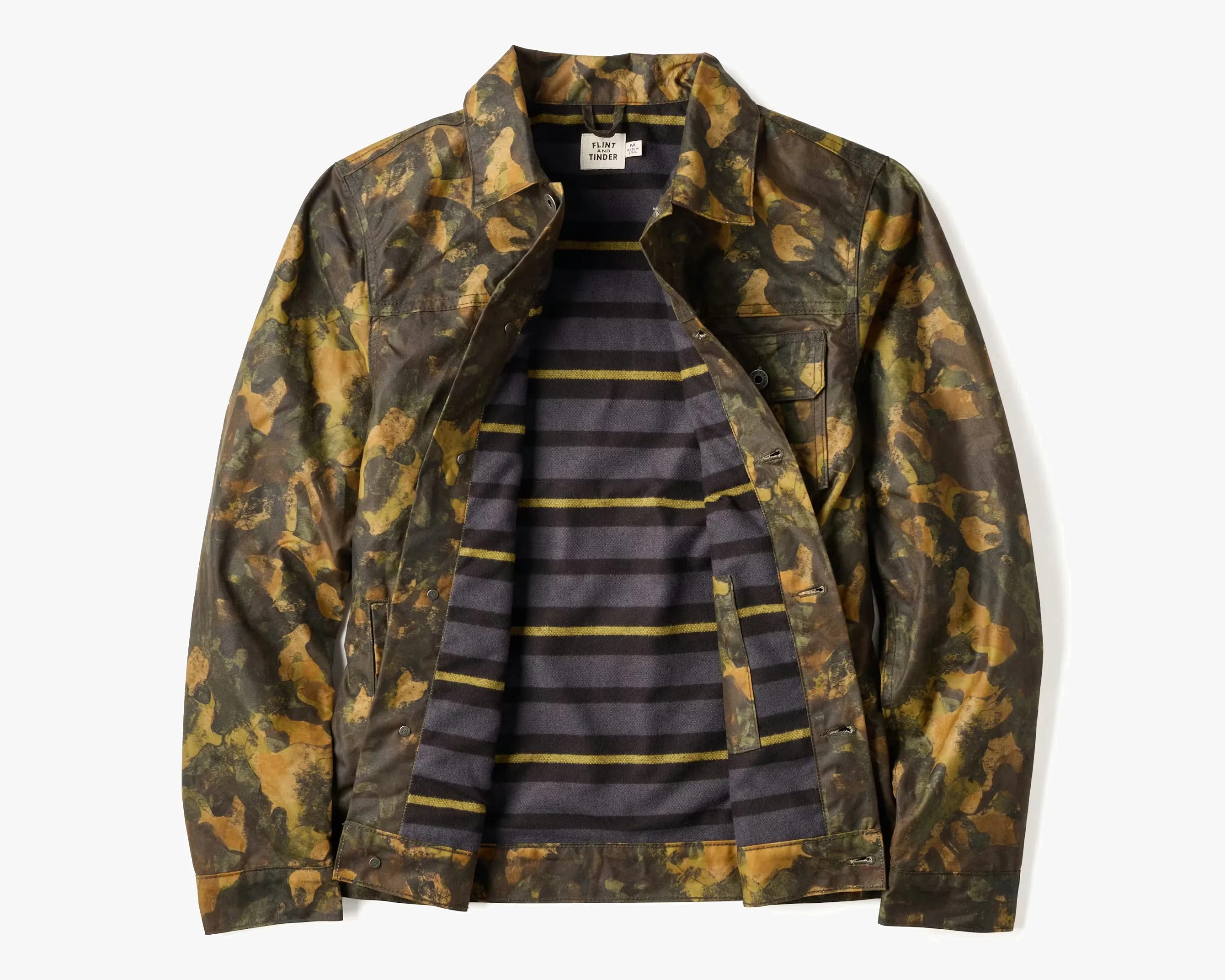 Camouflage-patterned jacket with striped inner lining in shades of green, brown, and yellow, laid flat with front open.