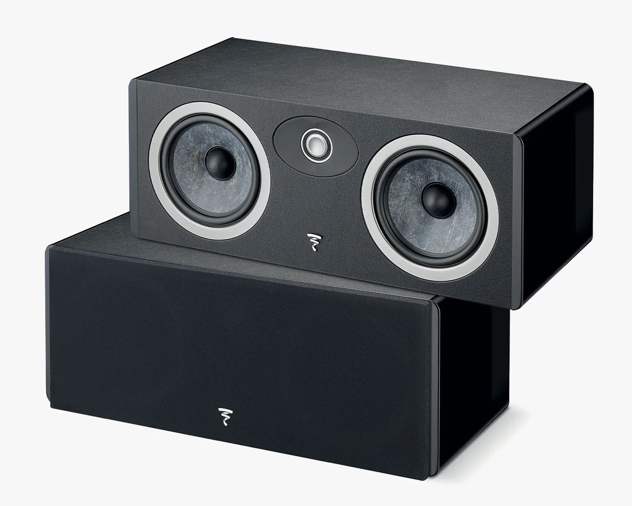 Two black rectangular center channel speakers, one with visible drivers and one with a black grille cover, both with a small white logo.
