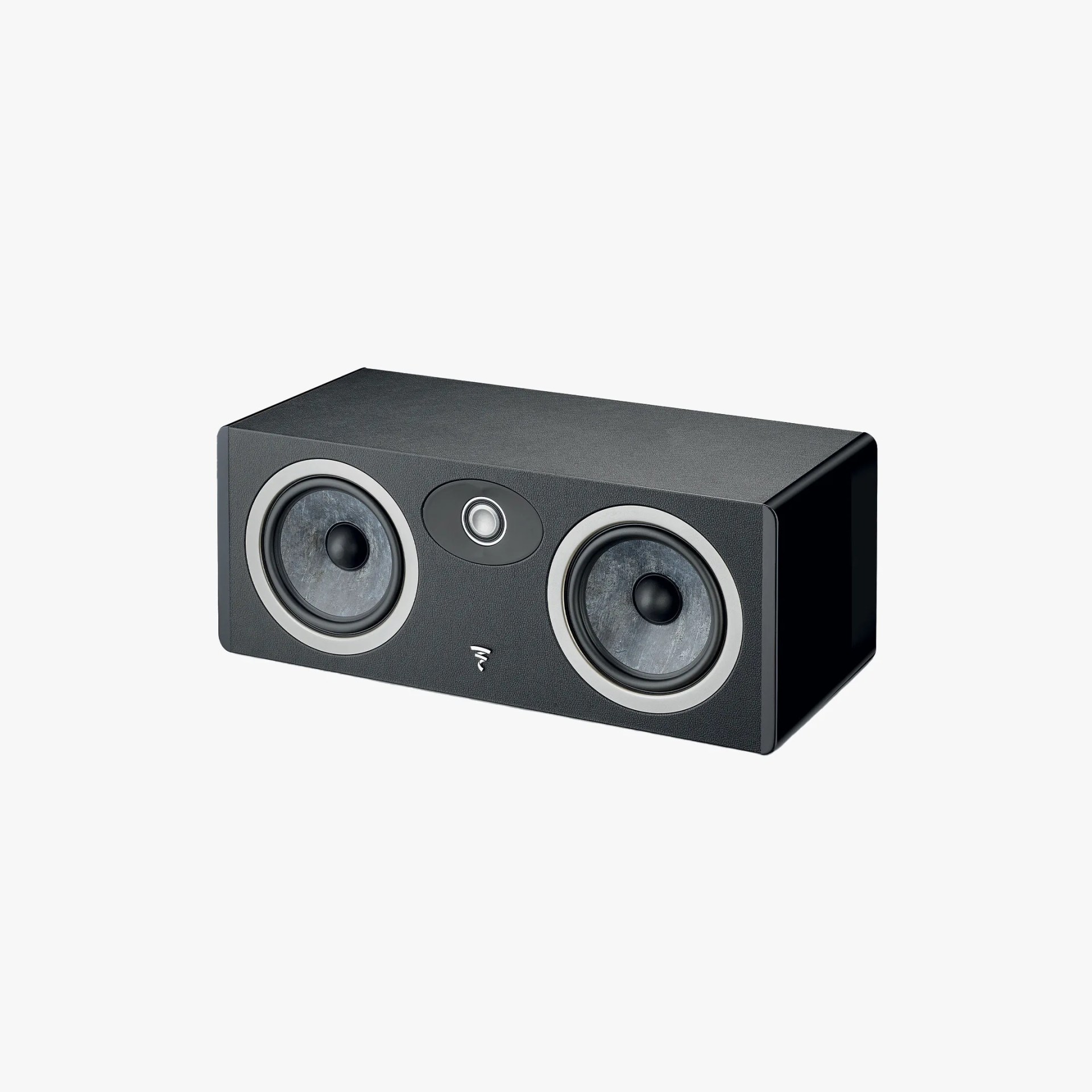 Black rectangular center channel speaker with two gray woofers and a central tweeter.
