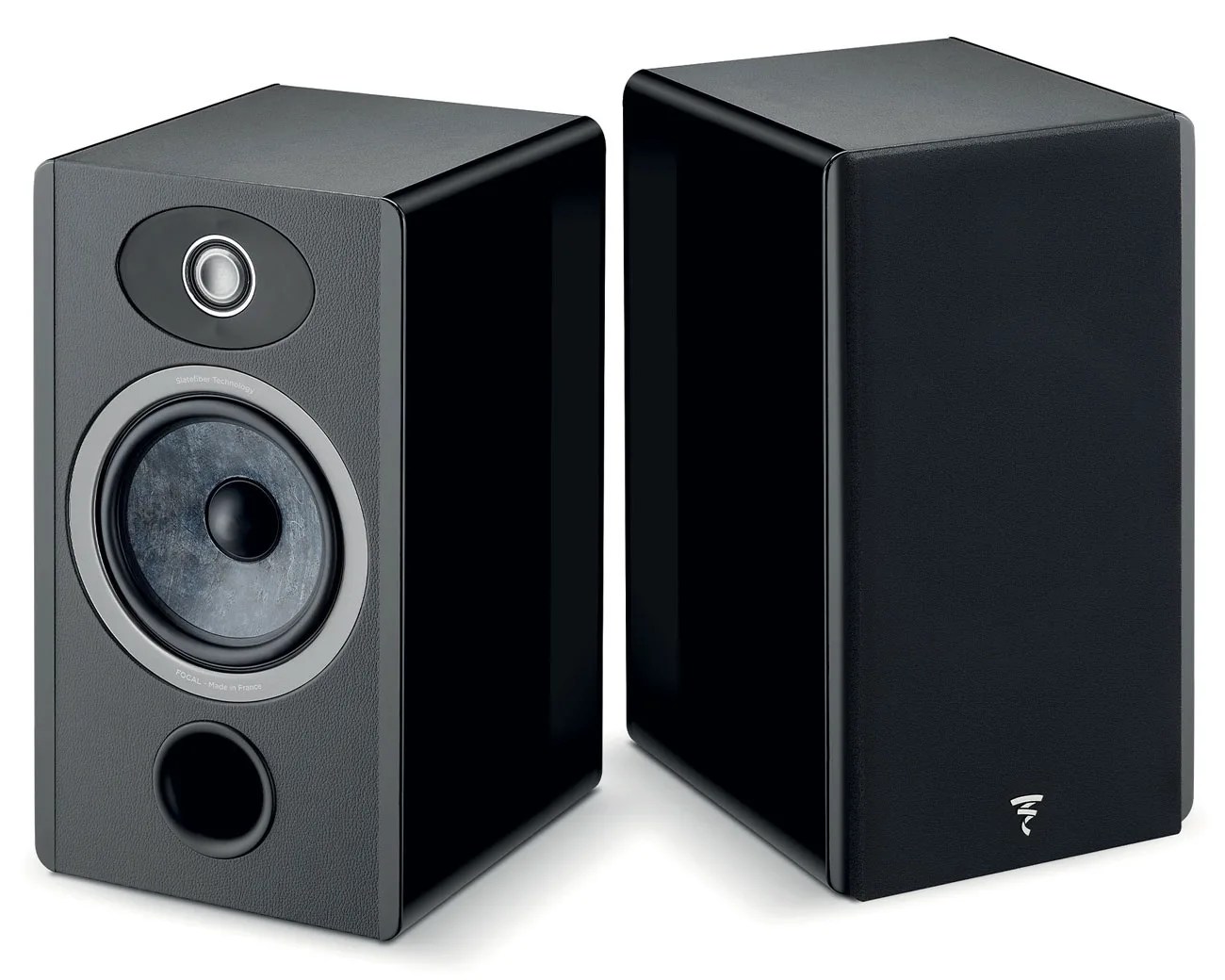 Pair of black bookshelf speakers, one with visible drivers and port, the other with a black grille cover.