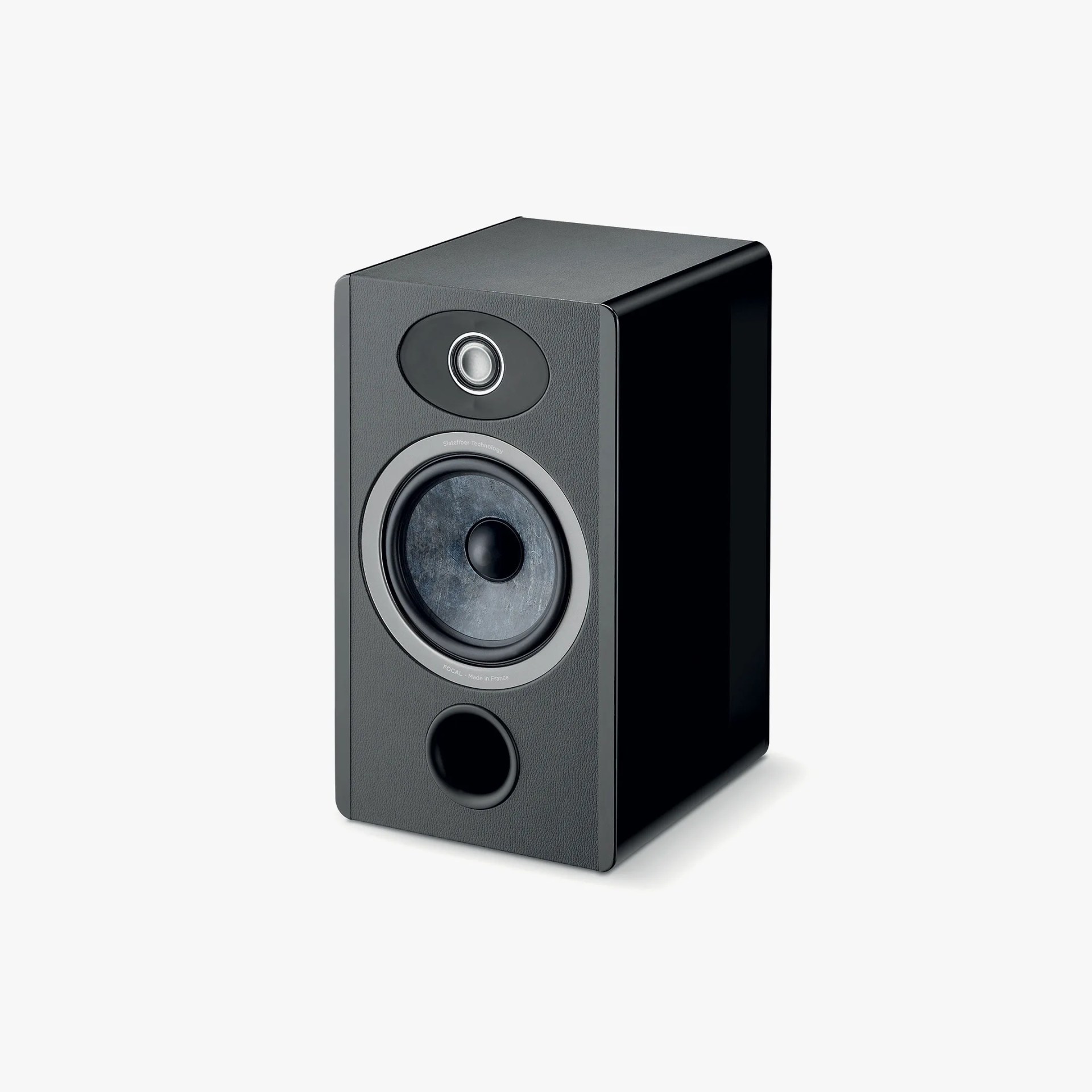 Black rectangular bookshelf speaker with a large woofer, a smaller tweeter, and a front bass port.