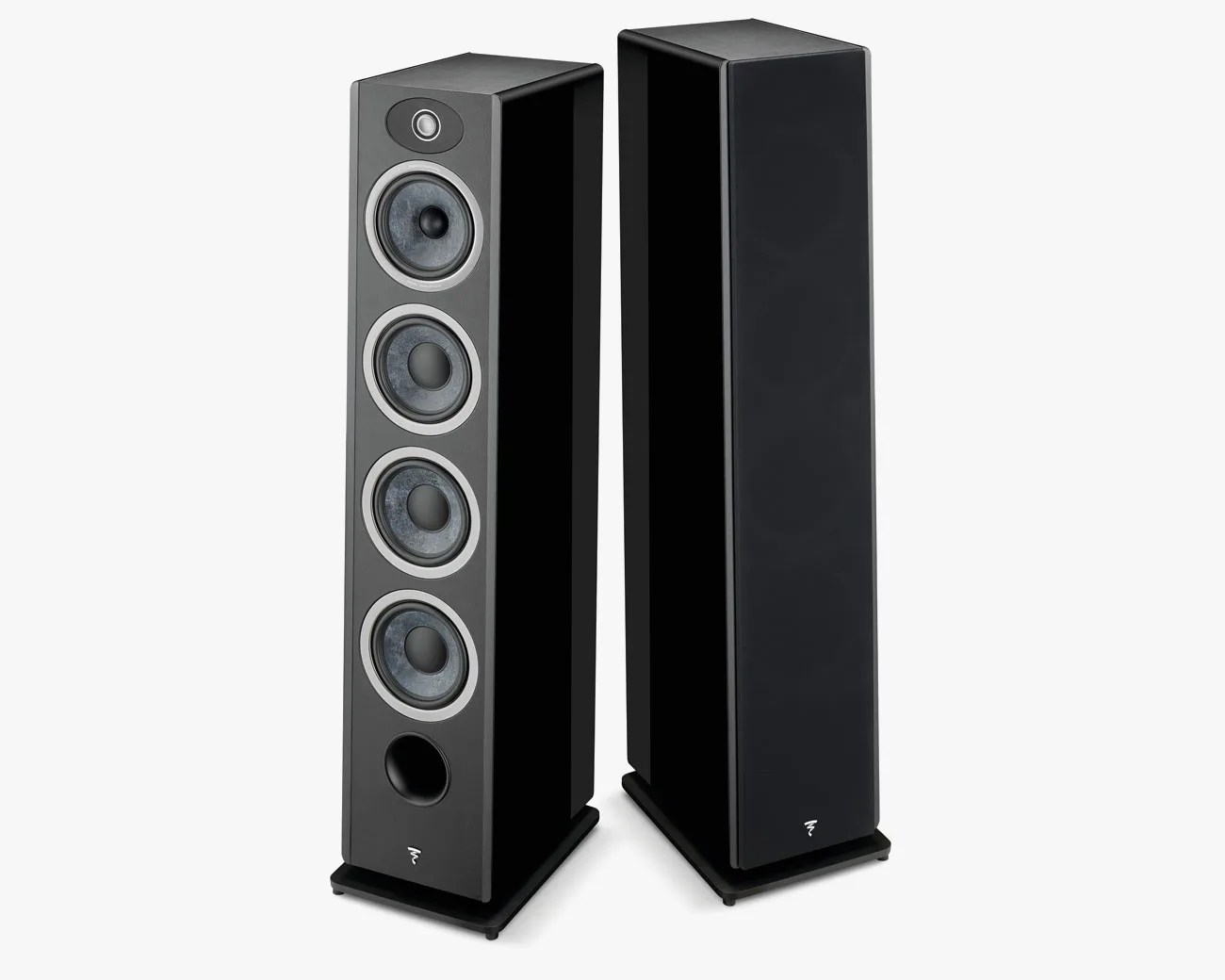 Pair of tall black floor-standing speakers, one with grille on and one without showing four drivers and a bass port.