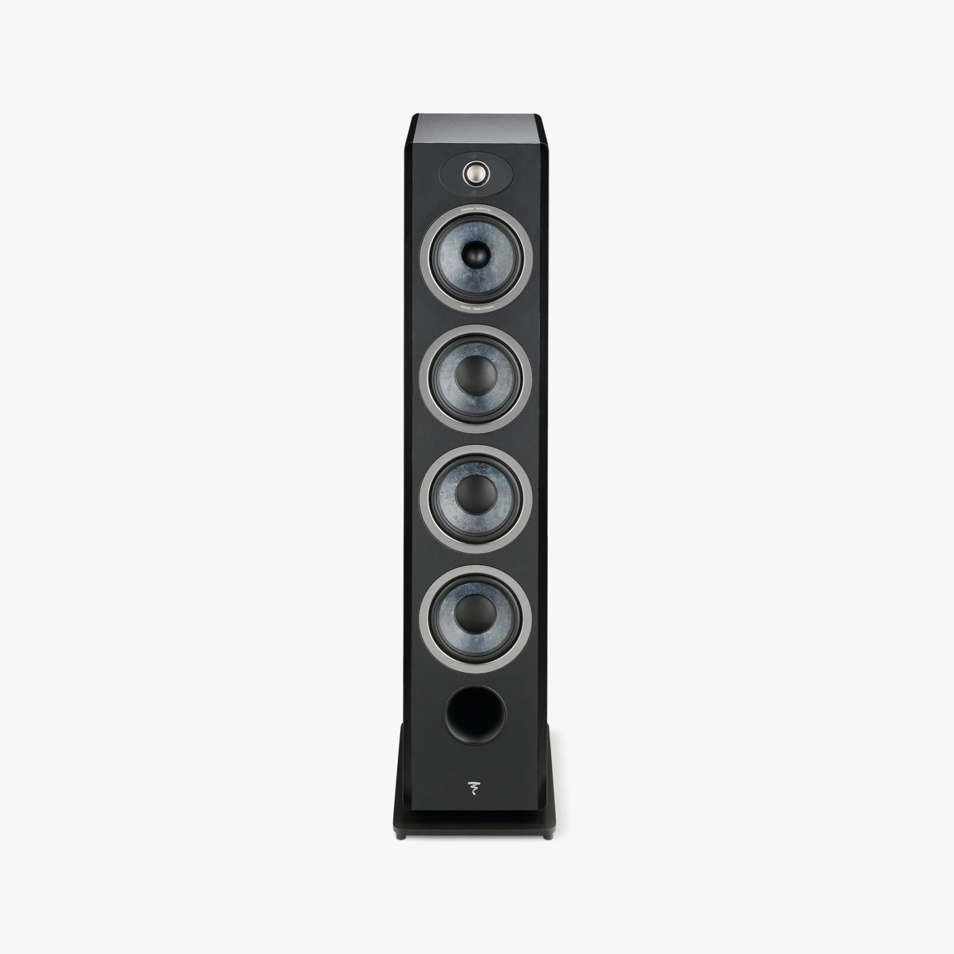 Tall black floor-standing speaker with four circular drivers and a front bass port.