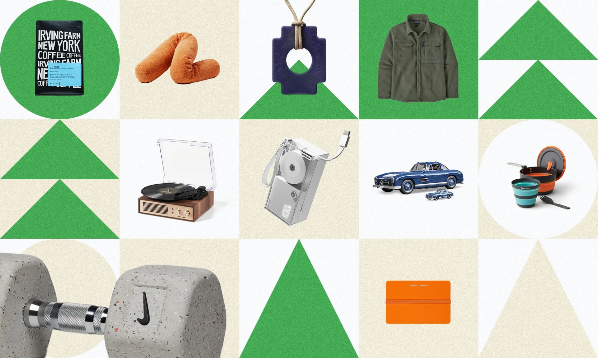 Black bag of Irving Farm New York coffee with blue label on green circle background. Orange U-shaped neck pillow on beige background. Blue geometric pendant on beige and green triangle background. Olive green button-up shirt with chest pockets on green background. Wooden turntable with vinyl record and clear lid on white background. Silver portable cassette player with USB cable on beige background. Two blue vintage toy cars on white background. Collapsible orange and blue camping cookware set with fork on white circle background. Gray speckled Nike dumbbell with metal handle on beige circle background. Bright orange notebook with elastic band on beige background.