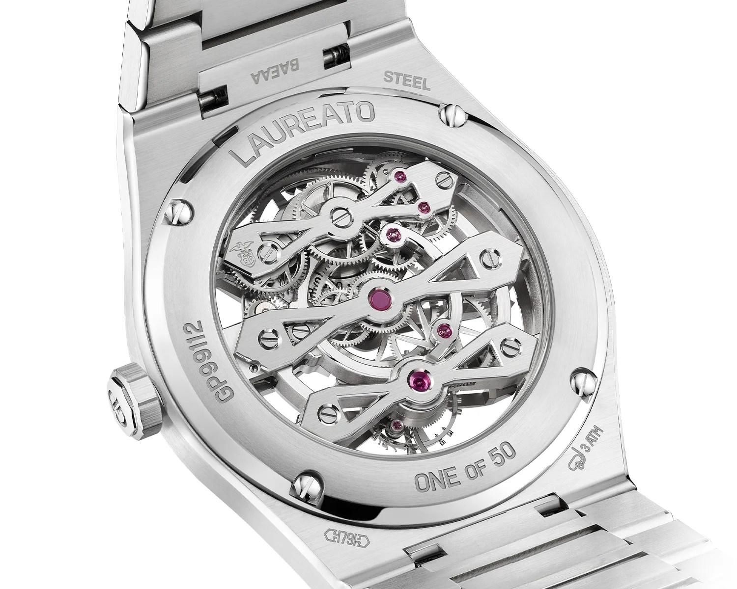 Back of a stainless steel Laureato watch showing intricate skeleton movement with visible gears and ruby jewels.