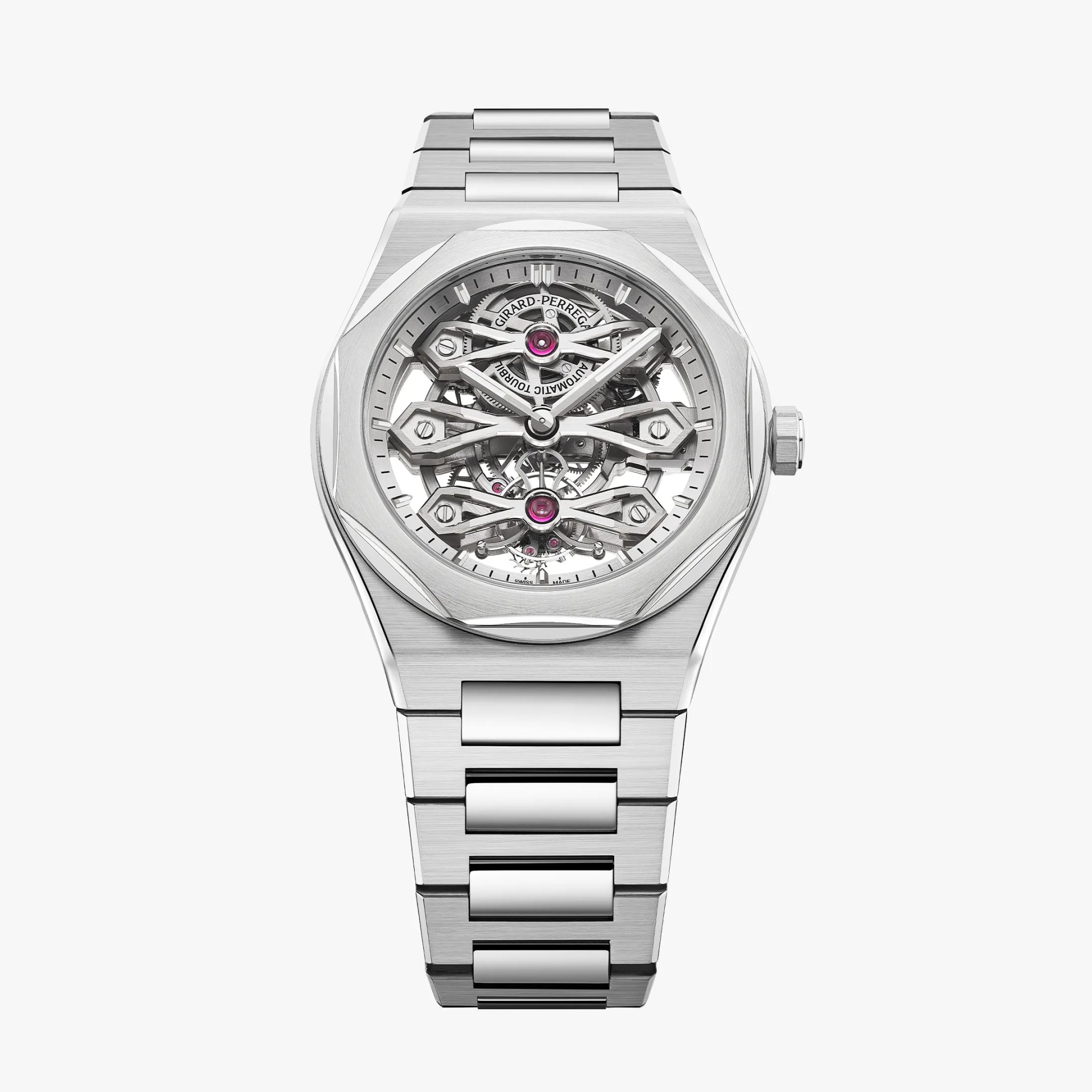 Silver stainless steel skeleton watch with visible gears and a linked bracelet band.