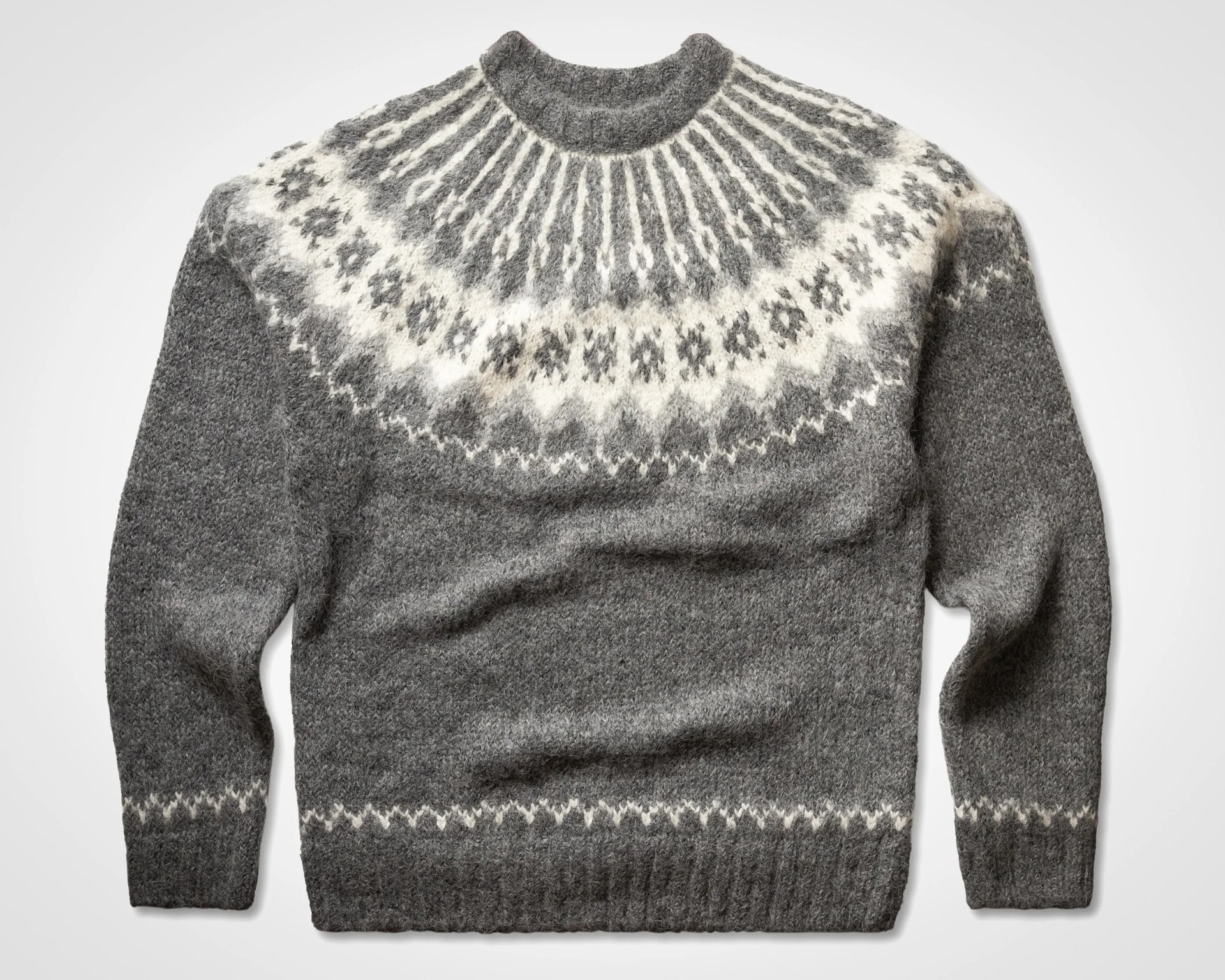 Gray wool sweater with white and darker gray Nordic pattern around the yoke and cuffs.
