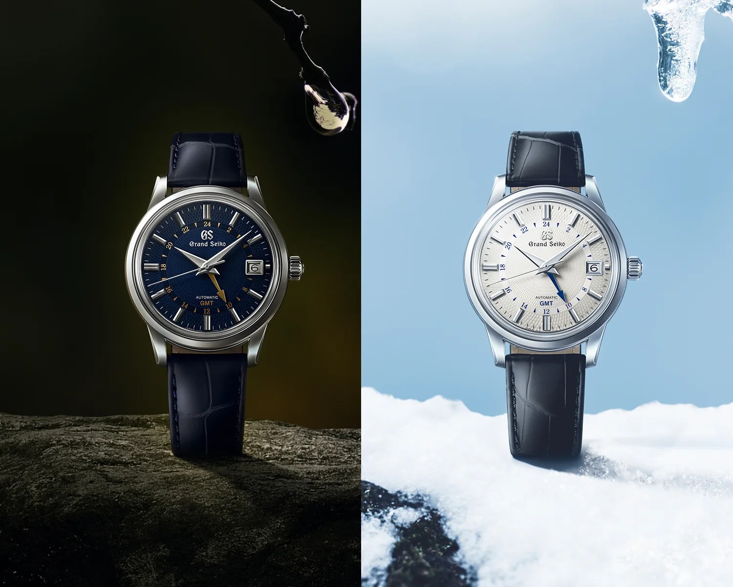 Two Grand Seiko wristwatches side by side, one with a dark blue dial and leather strap on a dark rocky surface, the other with a silver dial and black leather strap on snow.