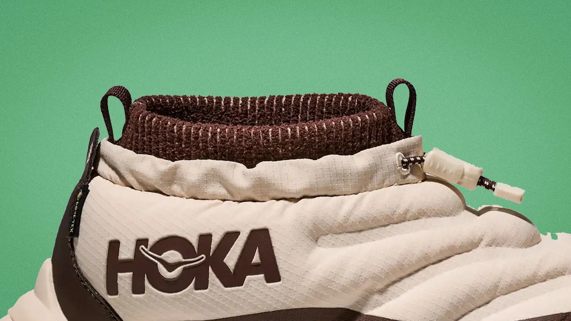 Close-up of beige and brown HOKA shoe with GORE-TEX tag and drawstring closure against green background.