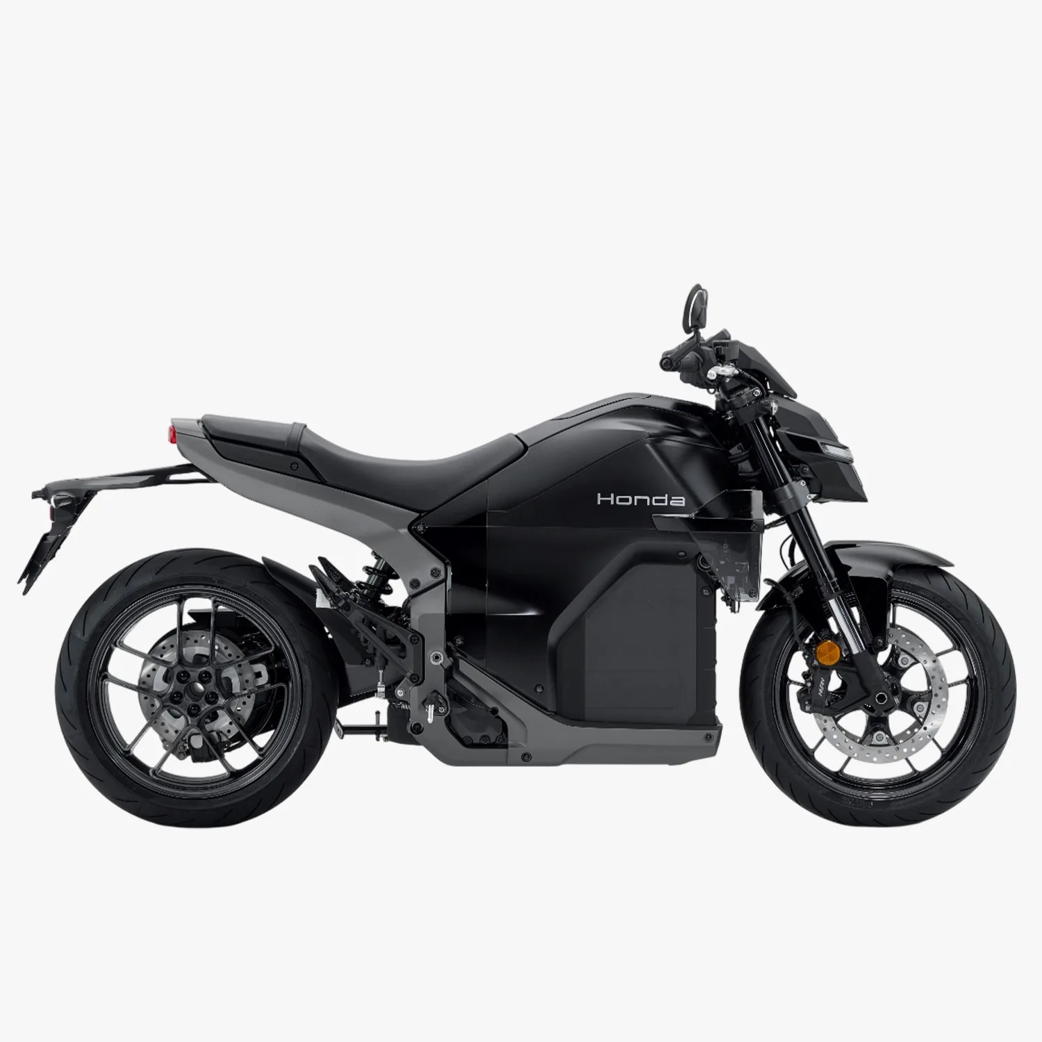 Sleek black Honda electric motorcycle with minimalist design and visible battery compartment.