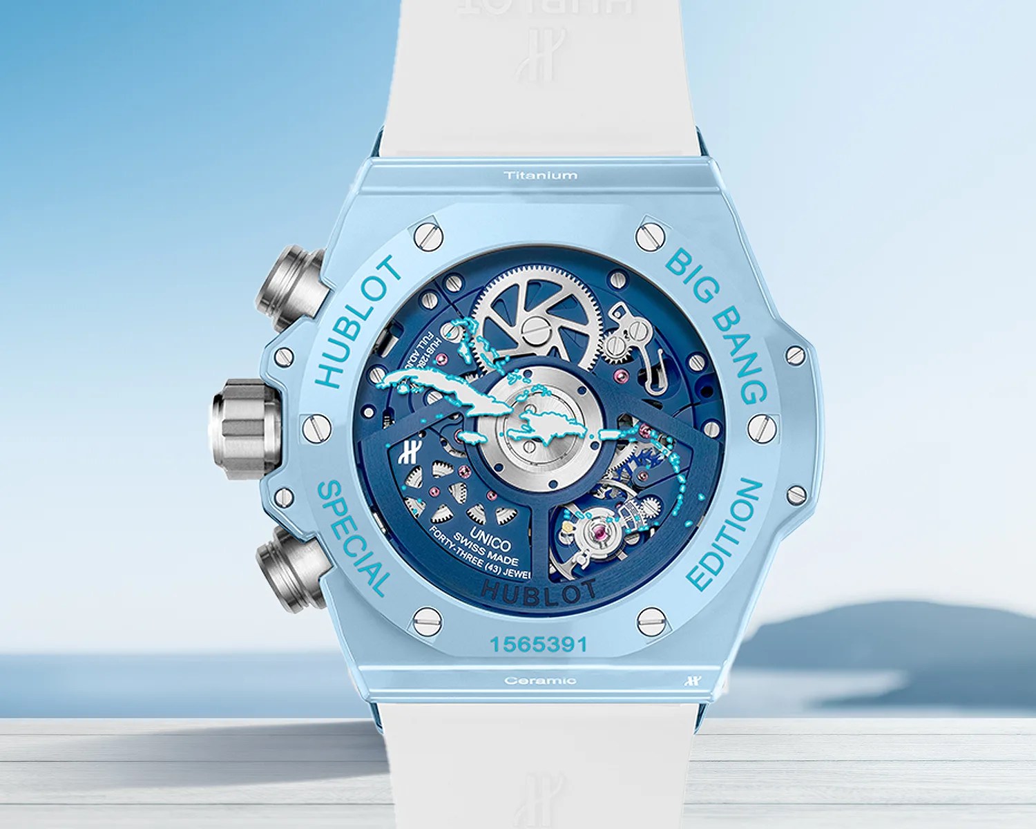Back of light blue Hublot Big Bang Special Edition watch with visible gears and white strap.